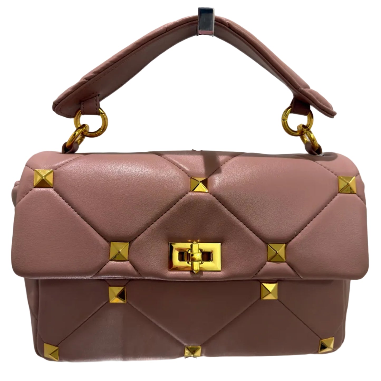 Pink handbag with gold accents on a white background
