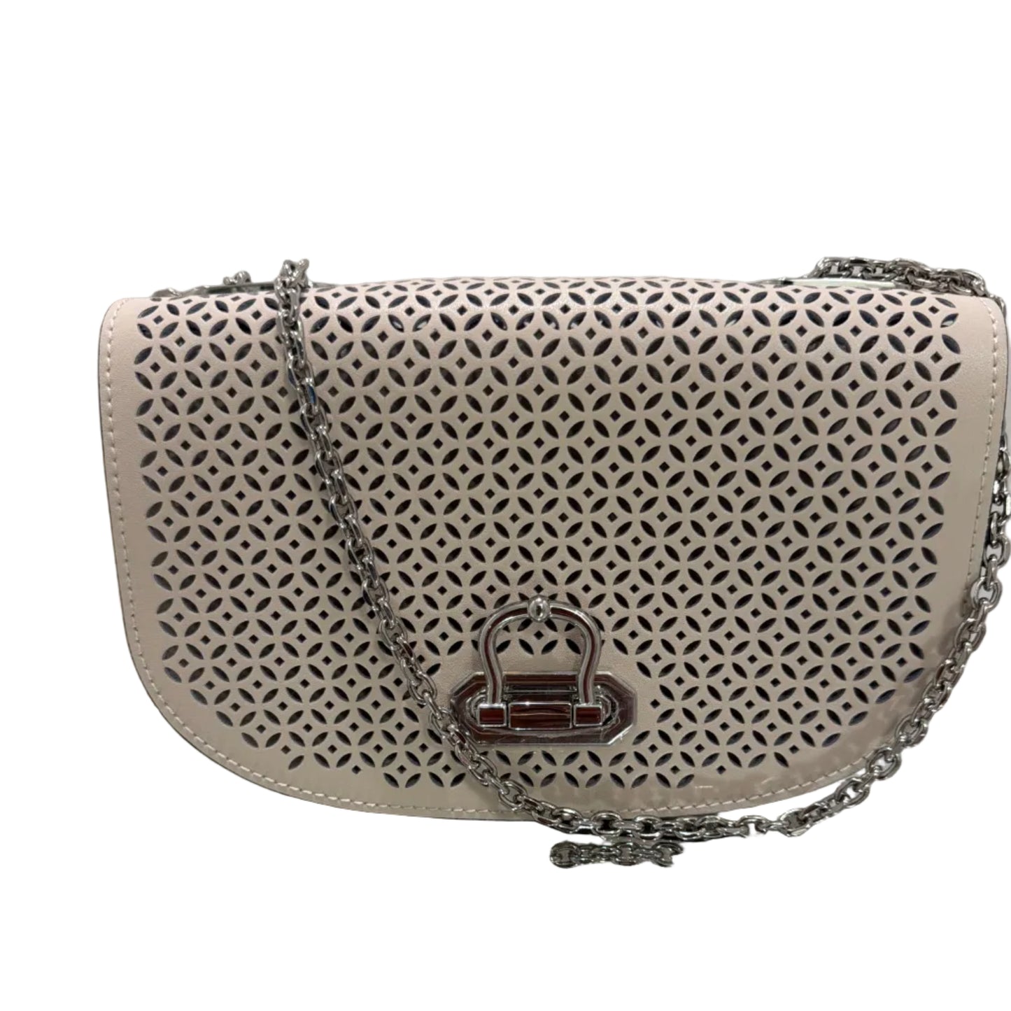 Beige handbag with intricate cut-out pattern and chain detail on a white background
