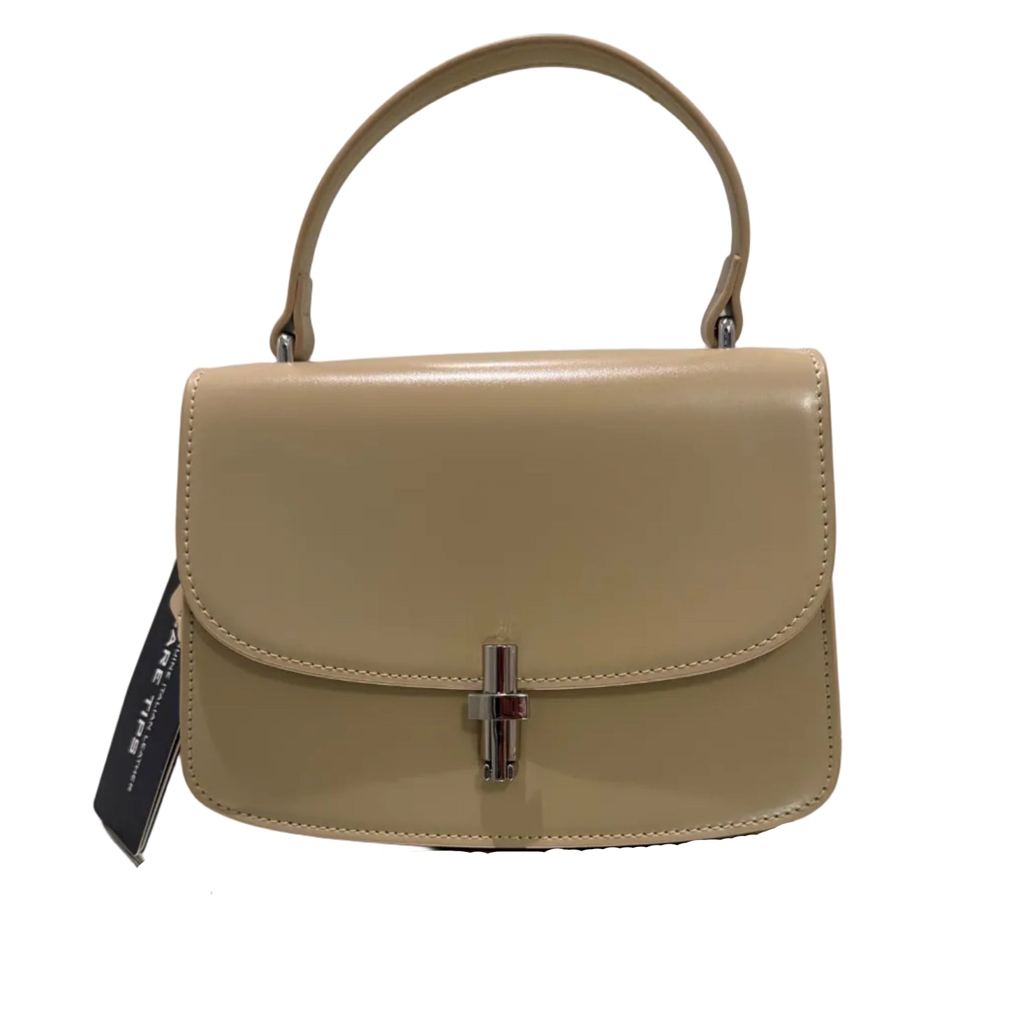 Beige handbag with a visible brand tag on a light gray background