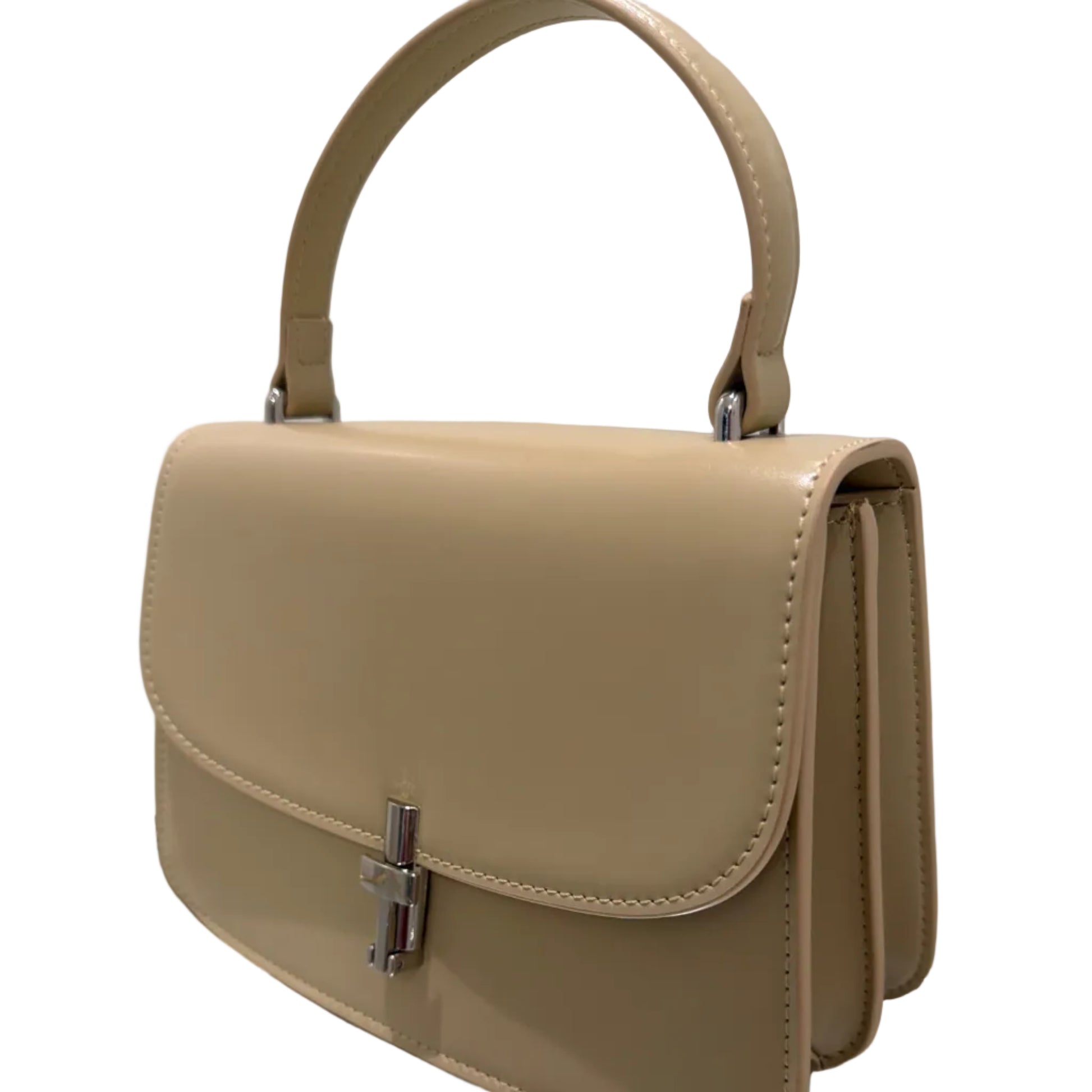 Beige handbag with a metallic clasp on a white background