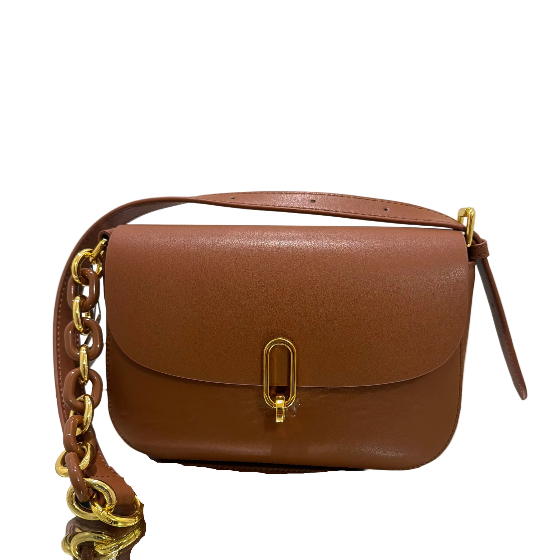 Brown leather handbag with gold chain detail on a white background