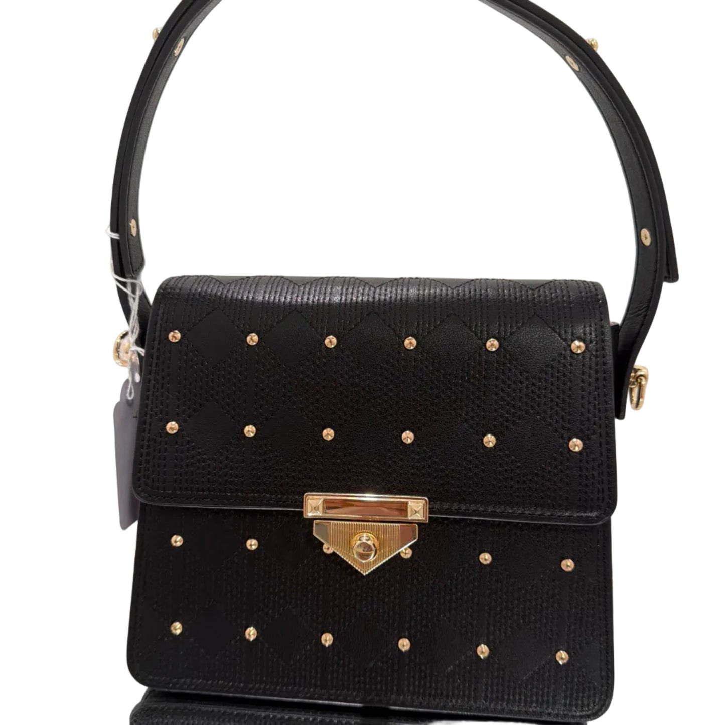 Black handbag with gold studs and a gold clasp on a light gray background