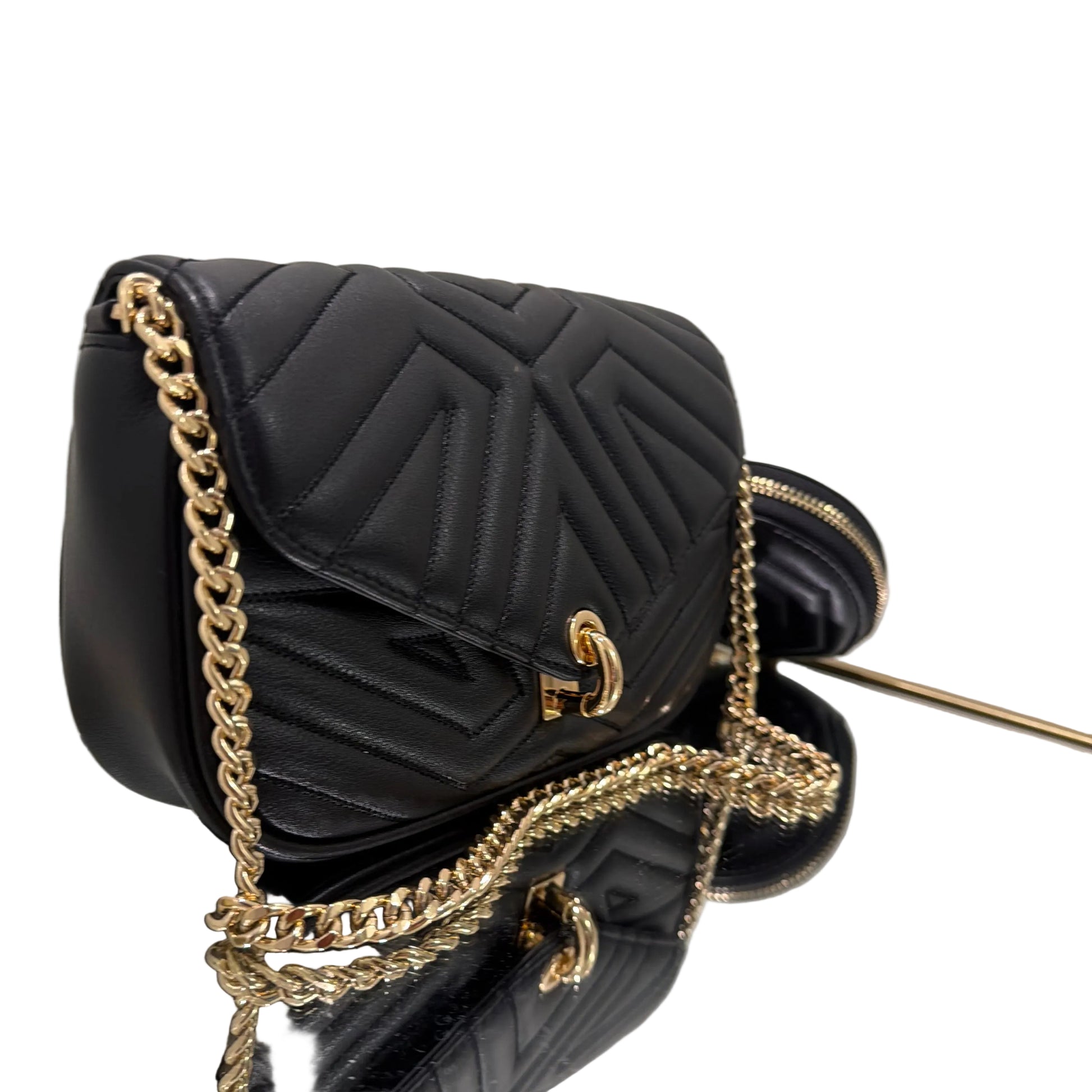 Black quilted handbag with gold chain strap on a white background