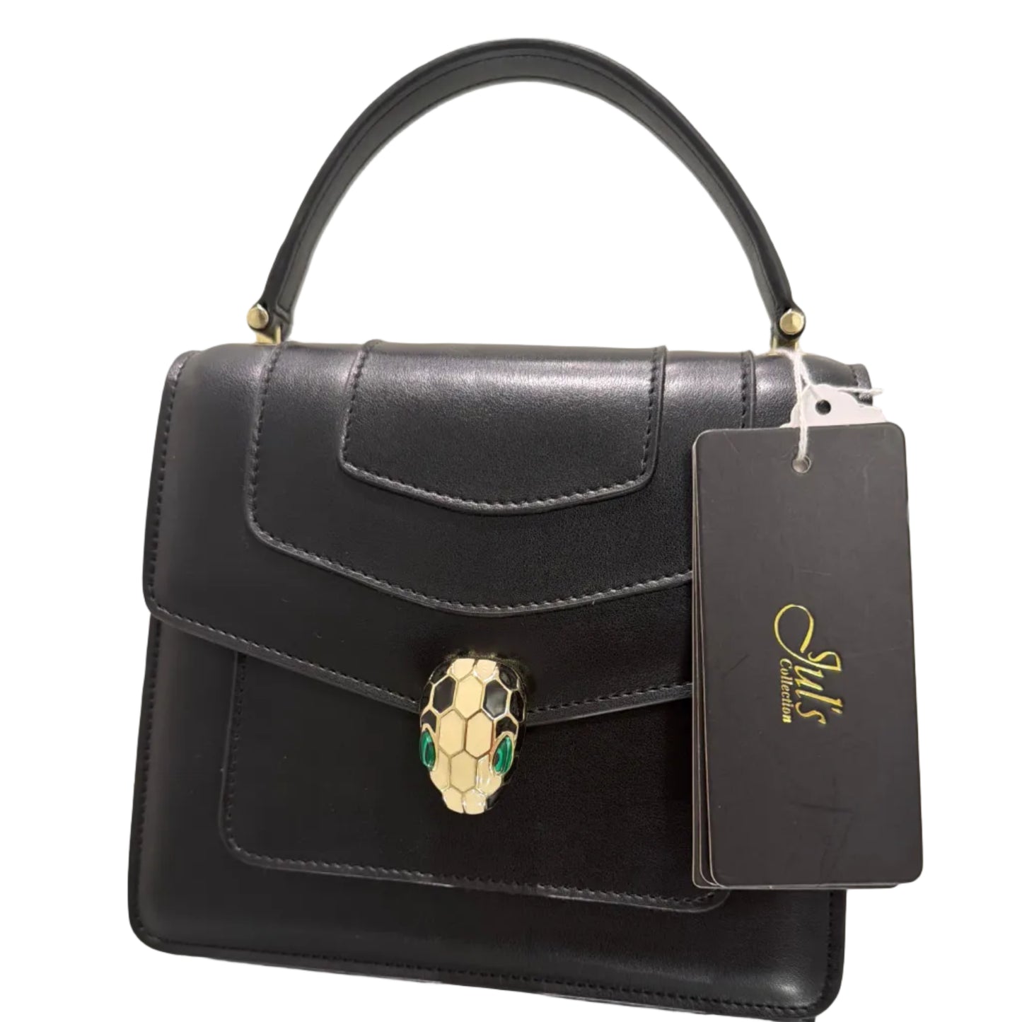 Black handbag with decorative clasp and 'Jul's Collection' branding on a light background