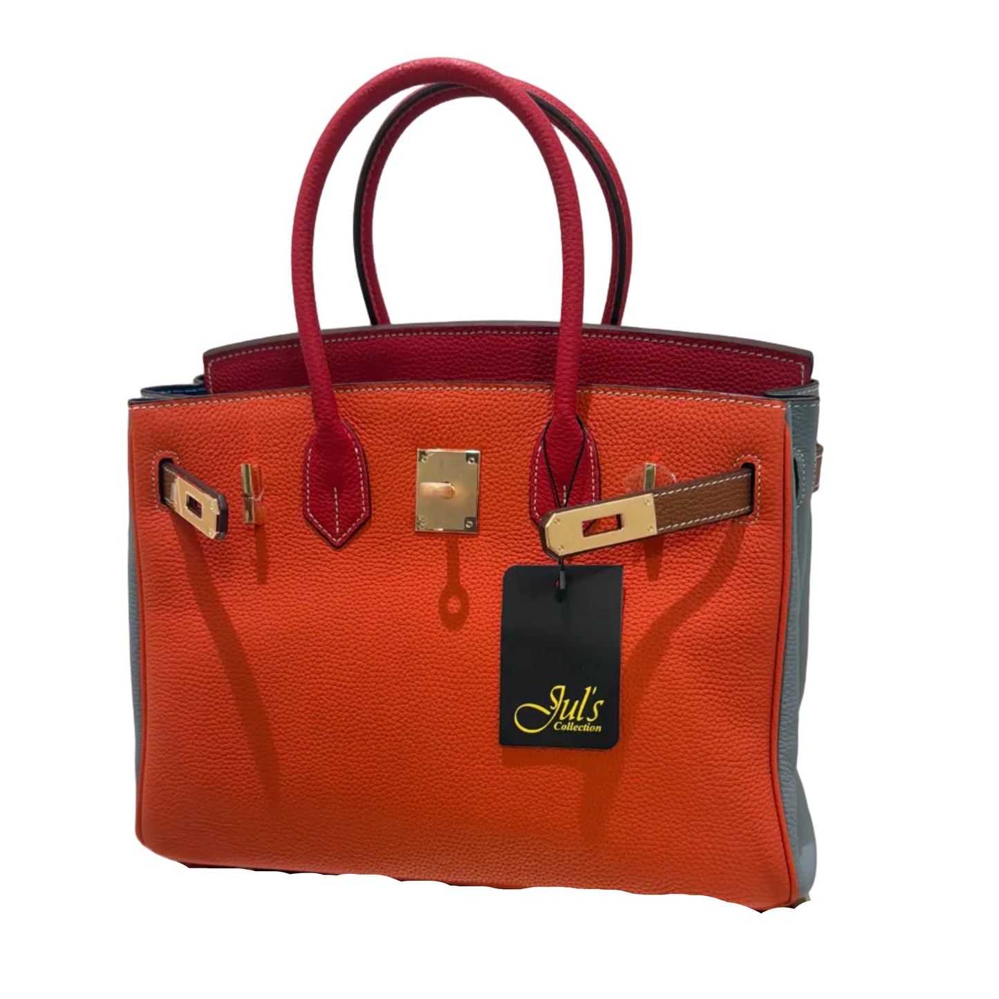 Two handbags, one orange and one brown, with visible brand tags on a white background.