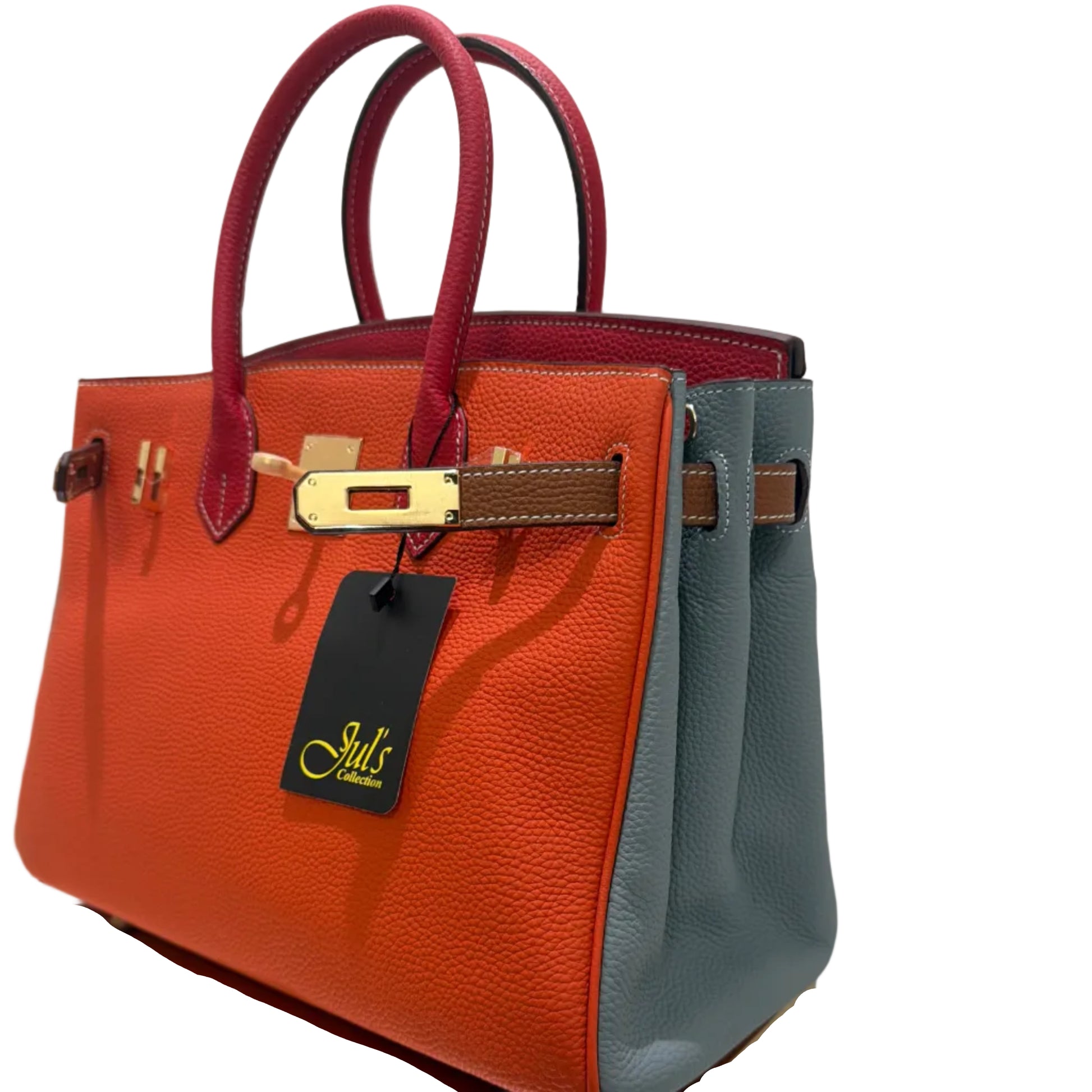 Orange handbag with a gold clasp and black tag on a white background