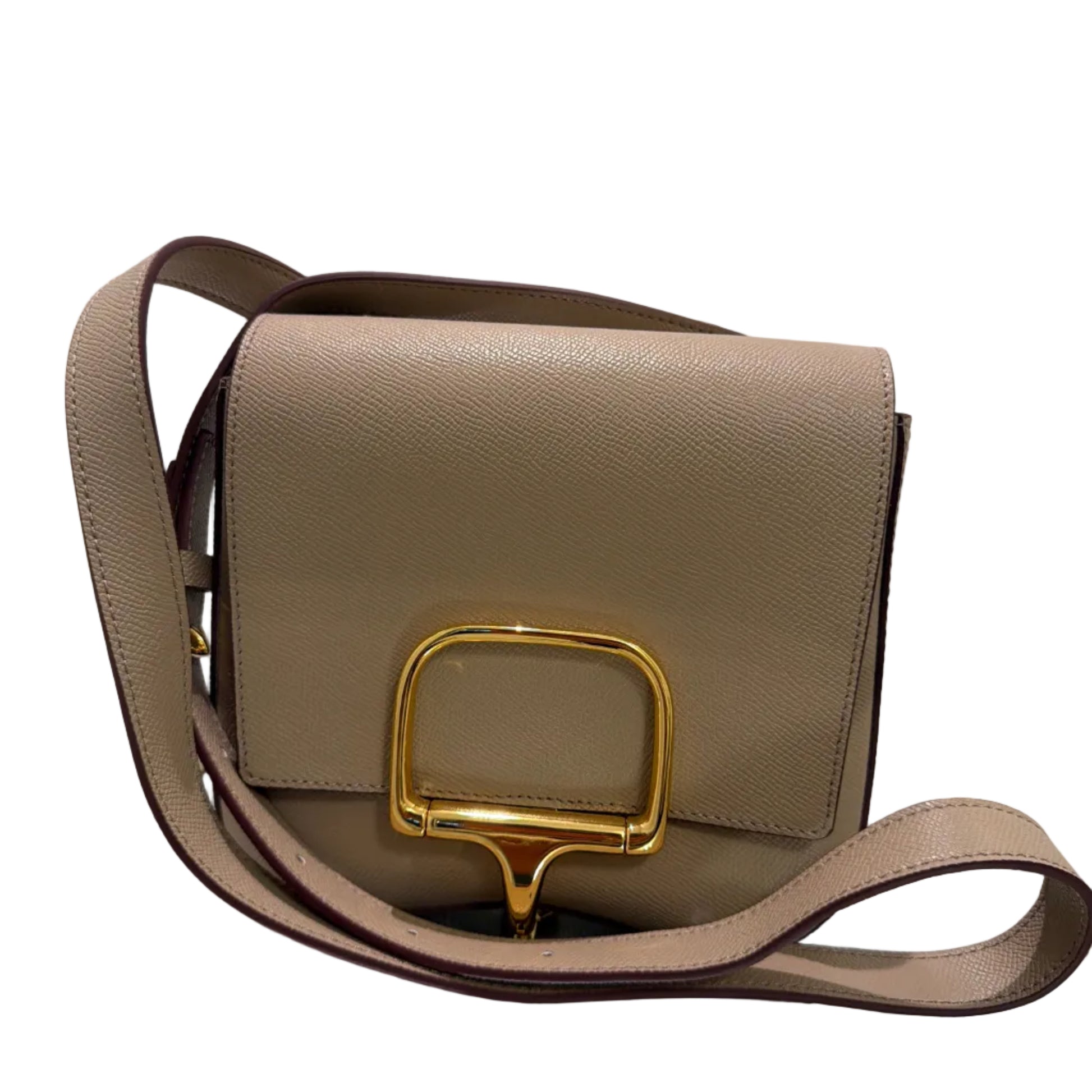 Beige handbag with a gold clasp on a light gray background