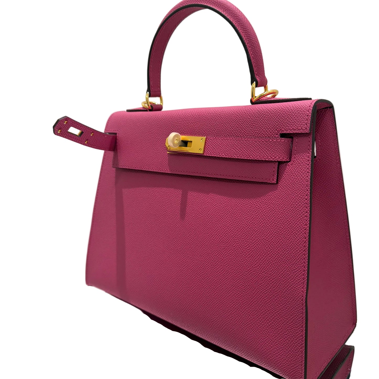 Purple handbag with gold accents on a white background