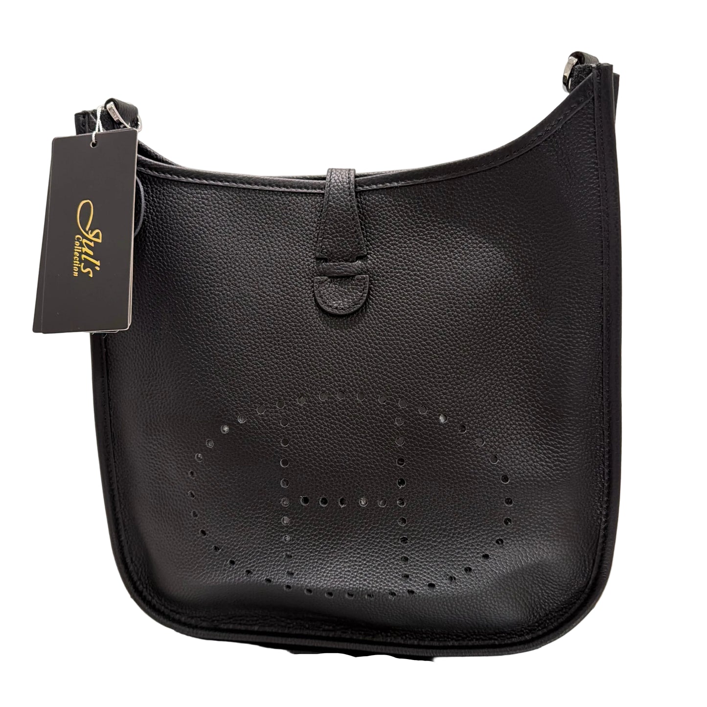 Black leather saddle pad with a visible brand tag on a light background