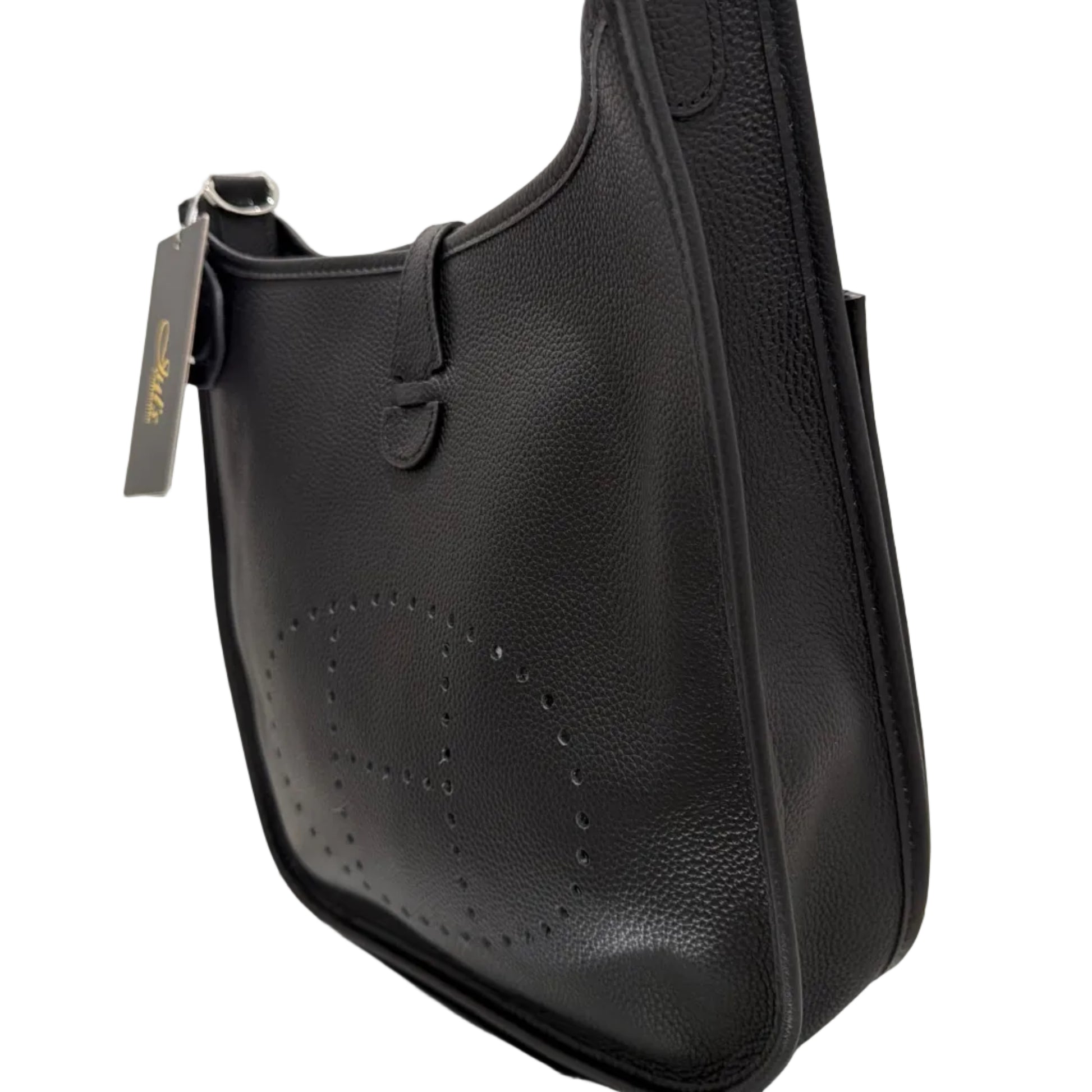 Black leather bag with visible brand name on a white background