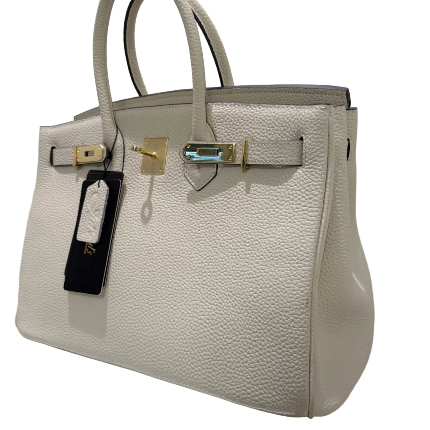Beige handbag with gold hardware on a white background