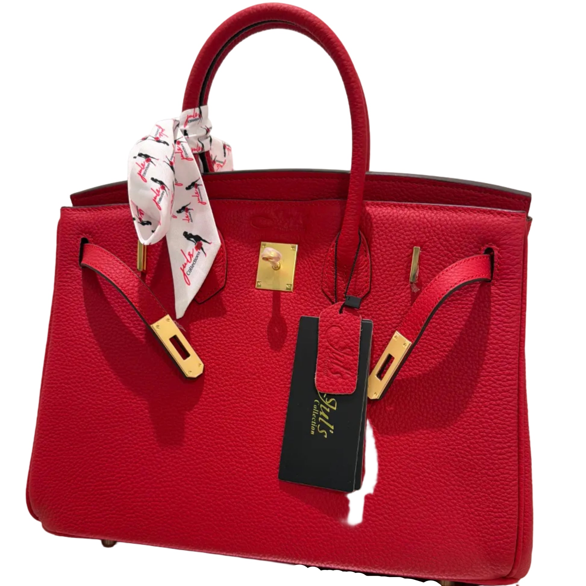 Red handbag with gold accents and a visible brand tag on a white background