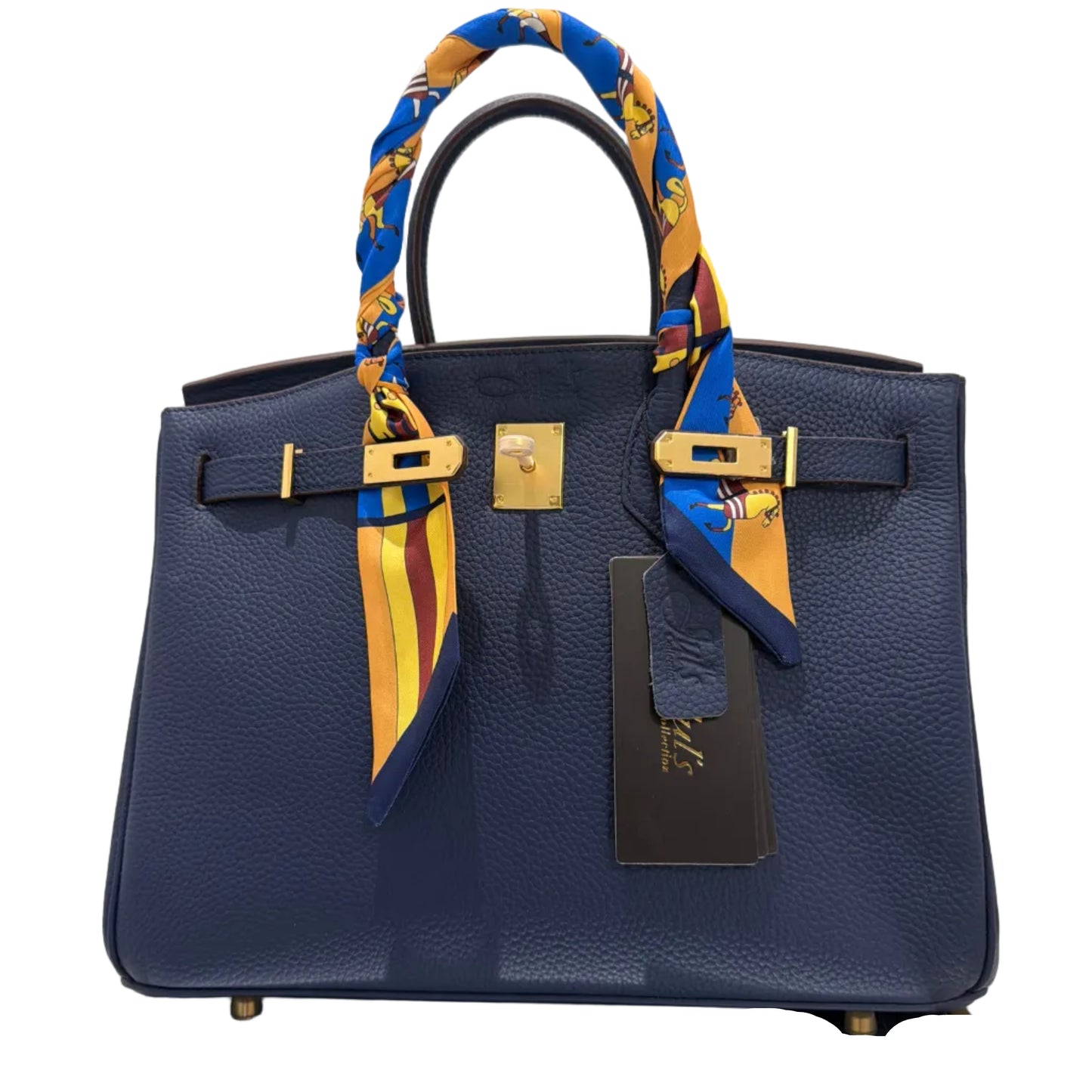 Navy blue handbag with a colorful handle on a white background