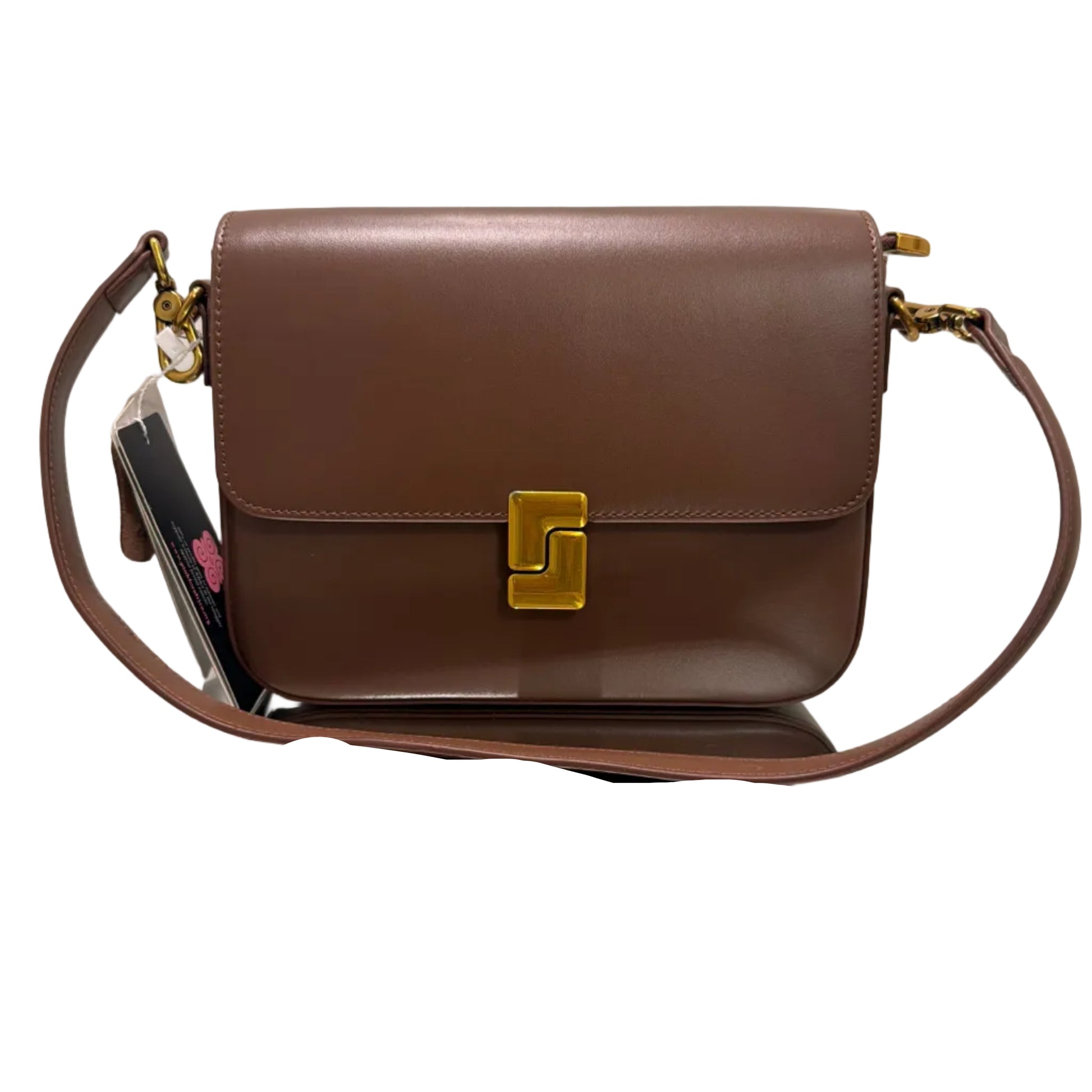 Brown handbag with gold accents on a light gray background