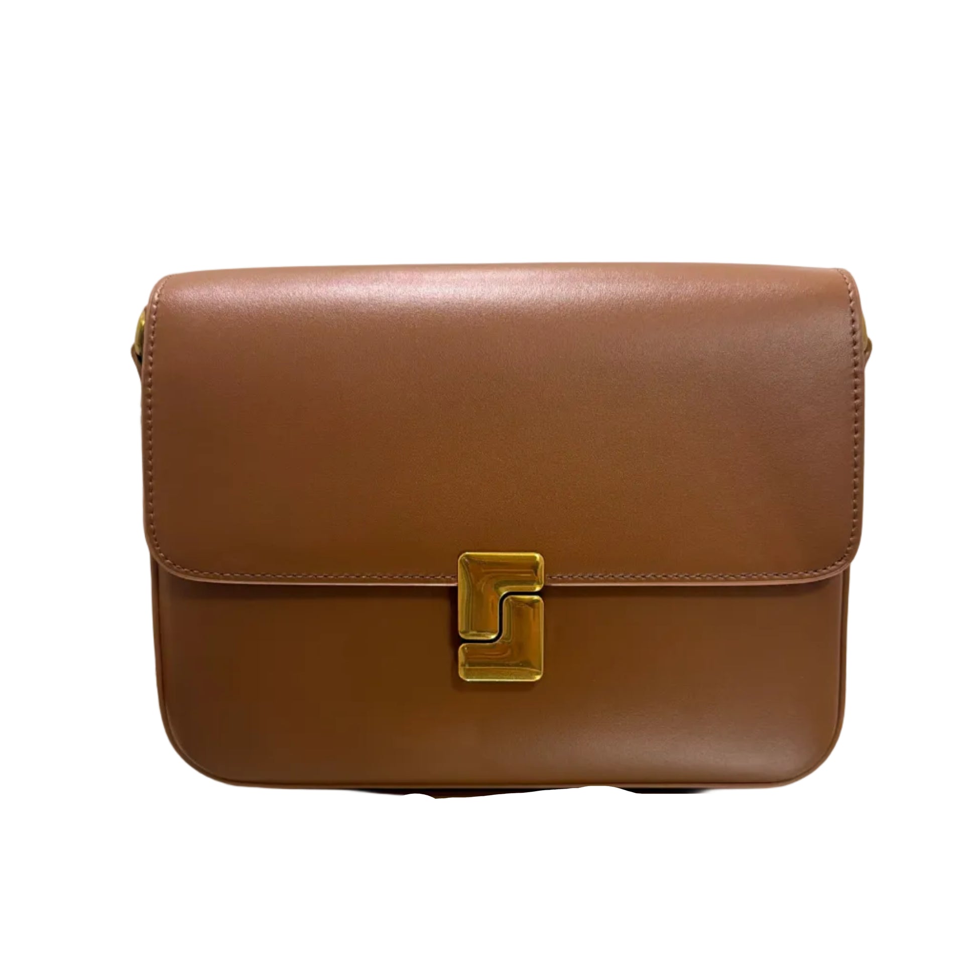Brown leather clutch with gold clasp on a reflective surface