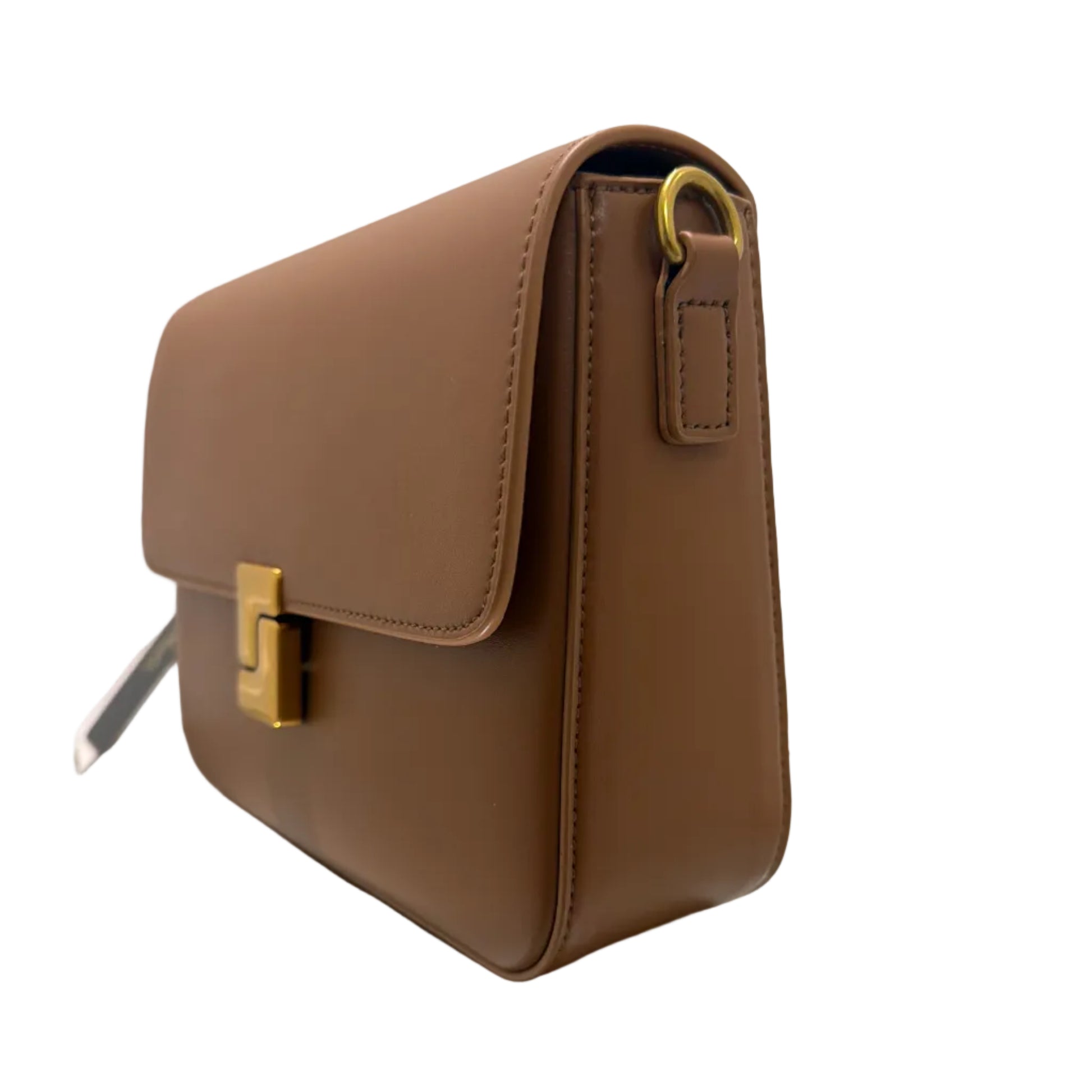 Brown leather handbag with gold clasp on a light background