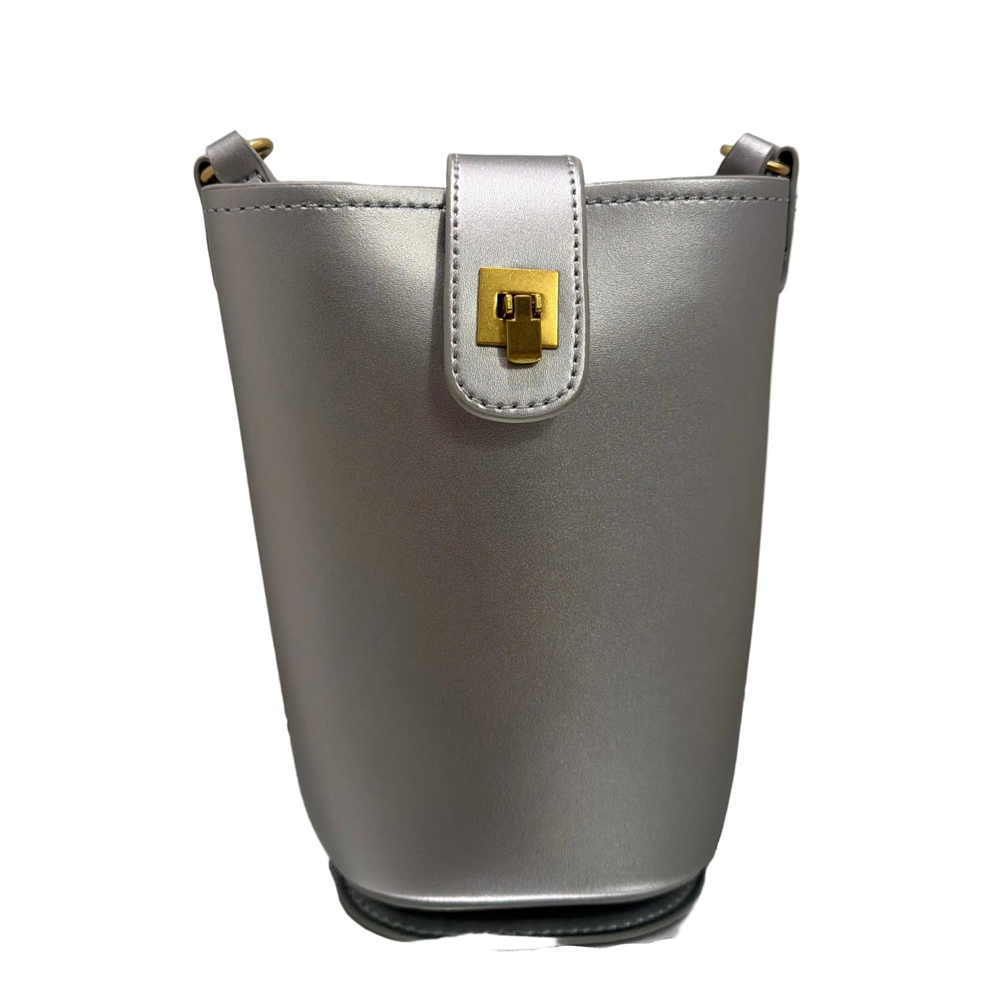 Silver handbag with a gold clasp on a light gray background