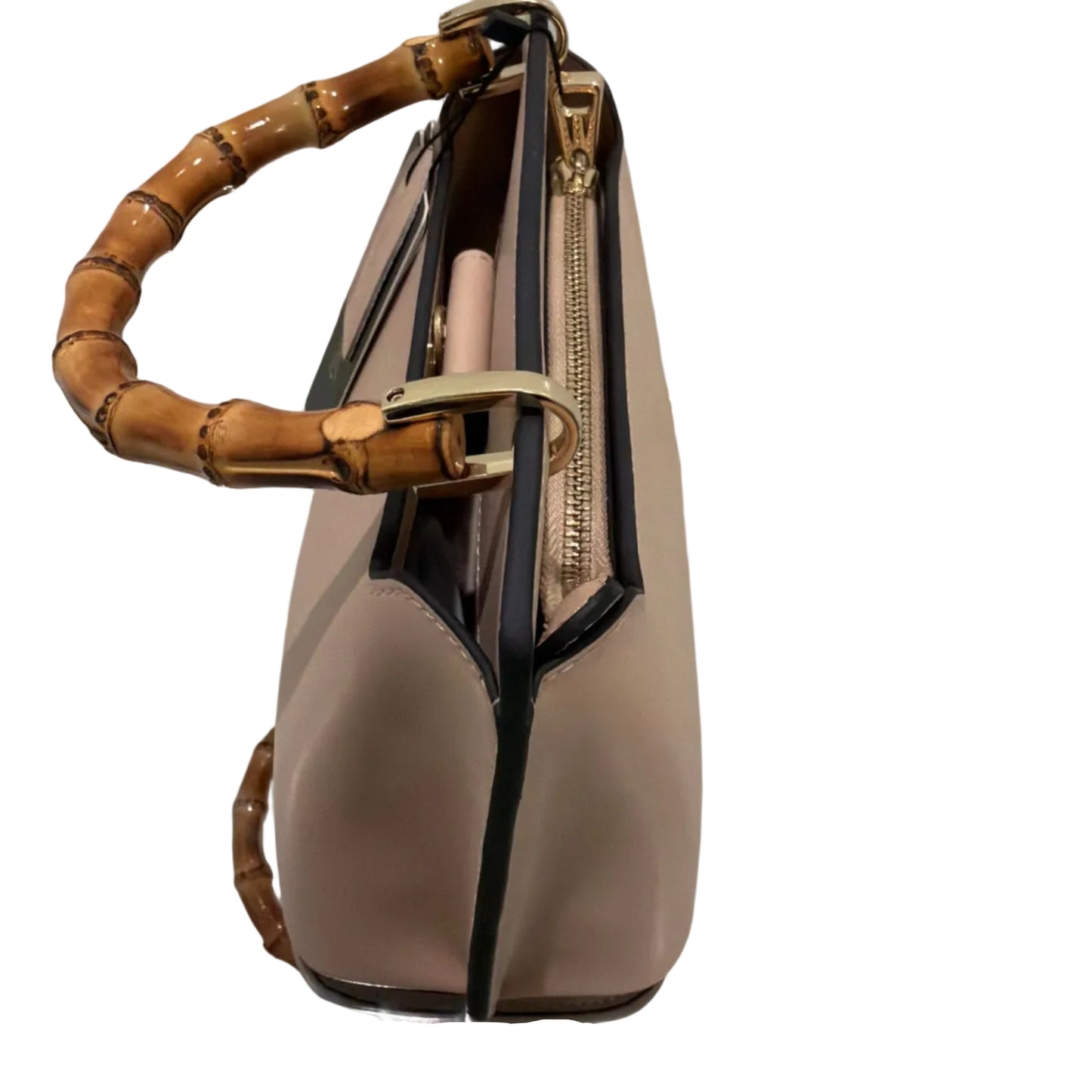 Beige handbag with wooden handle on a white background
