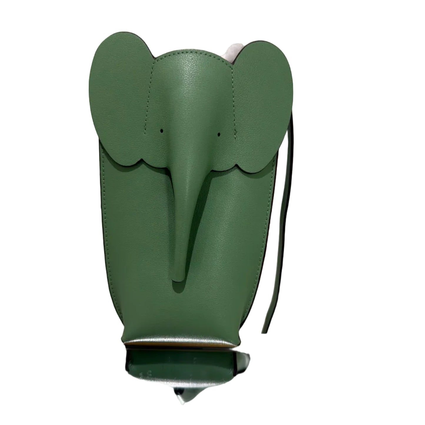 Green leather glove on a stand against a white background