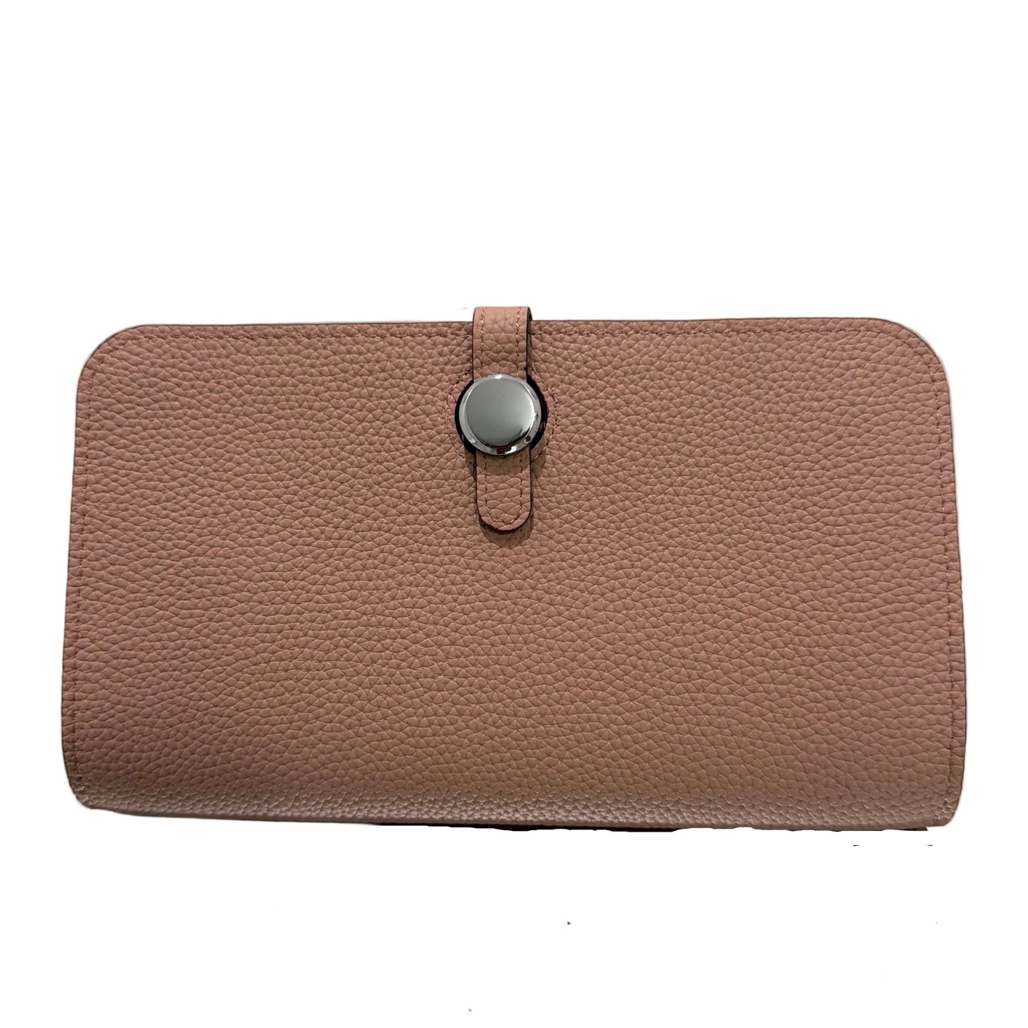 Brown textured wallet with a strap on a light gray background