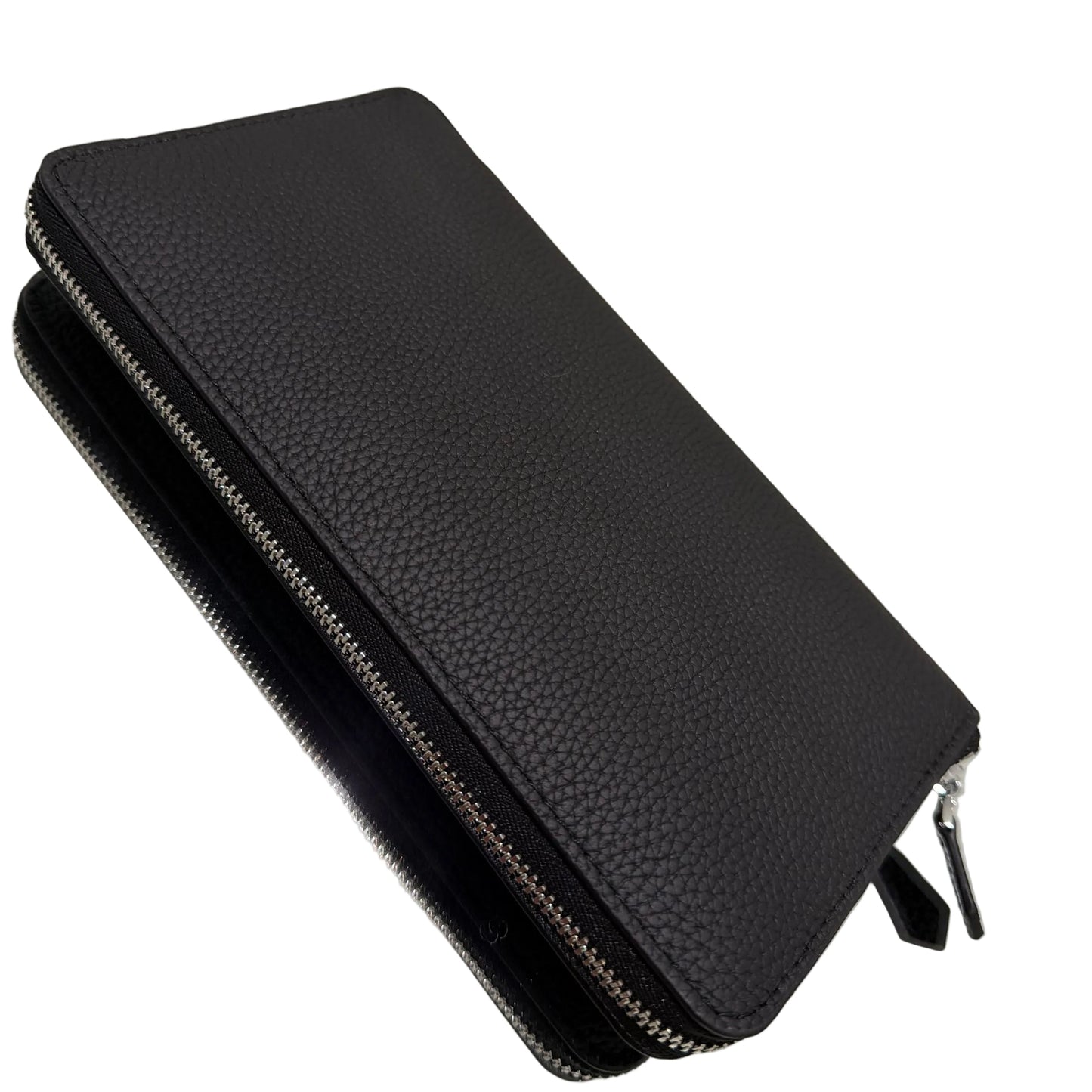 Black leather wallet with a zipper on a white background