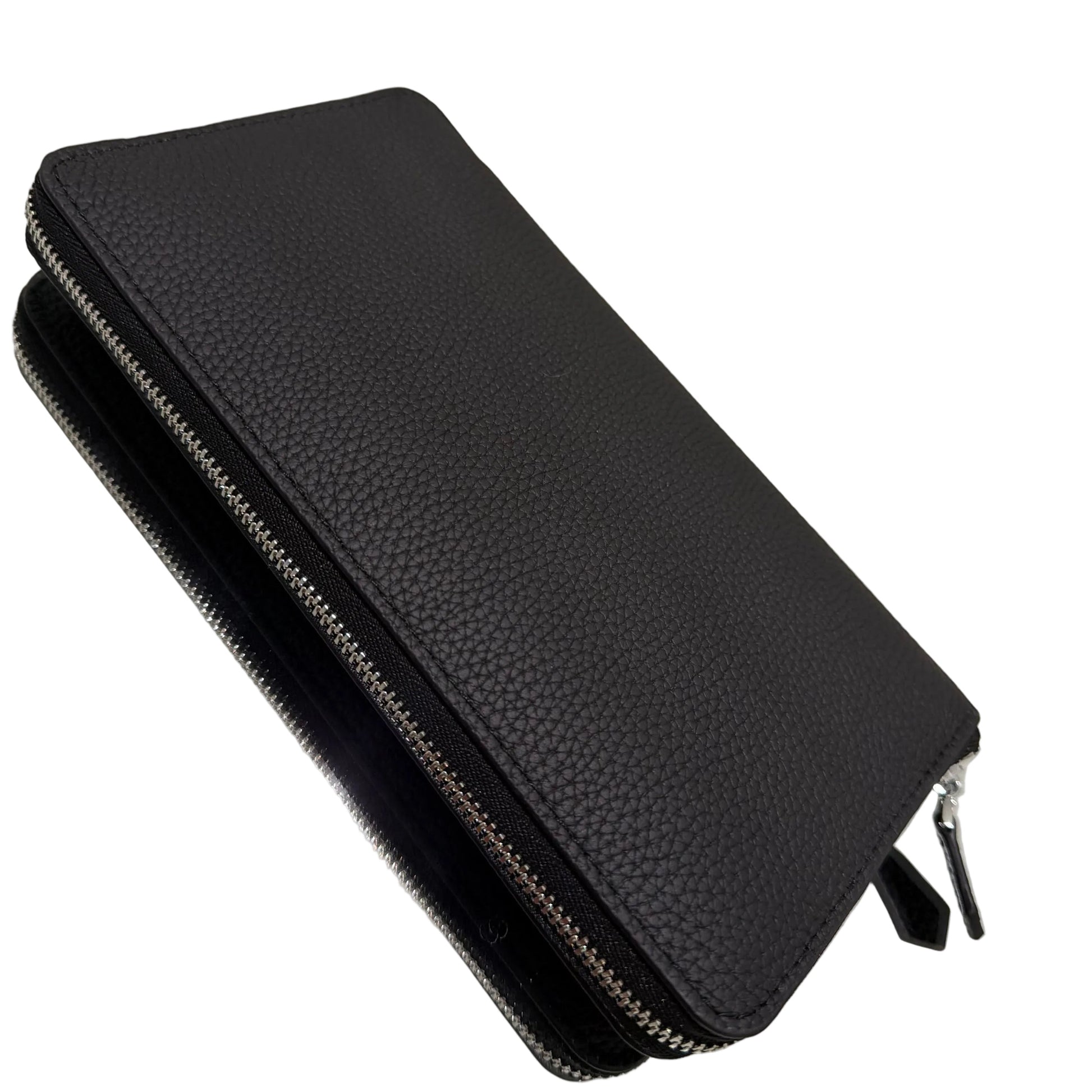 Black leather wallet with a zipper on a white background