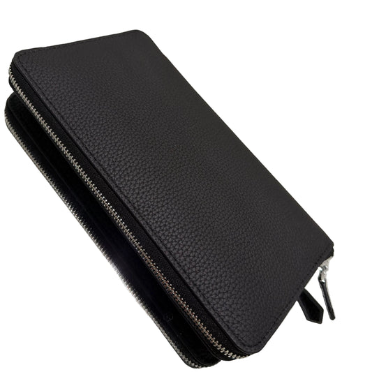 Black leather wallet with a zipper on a white background