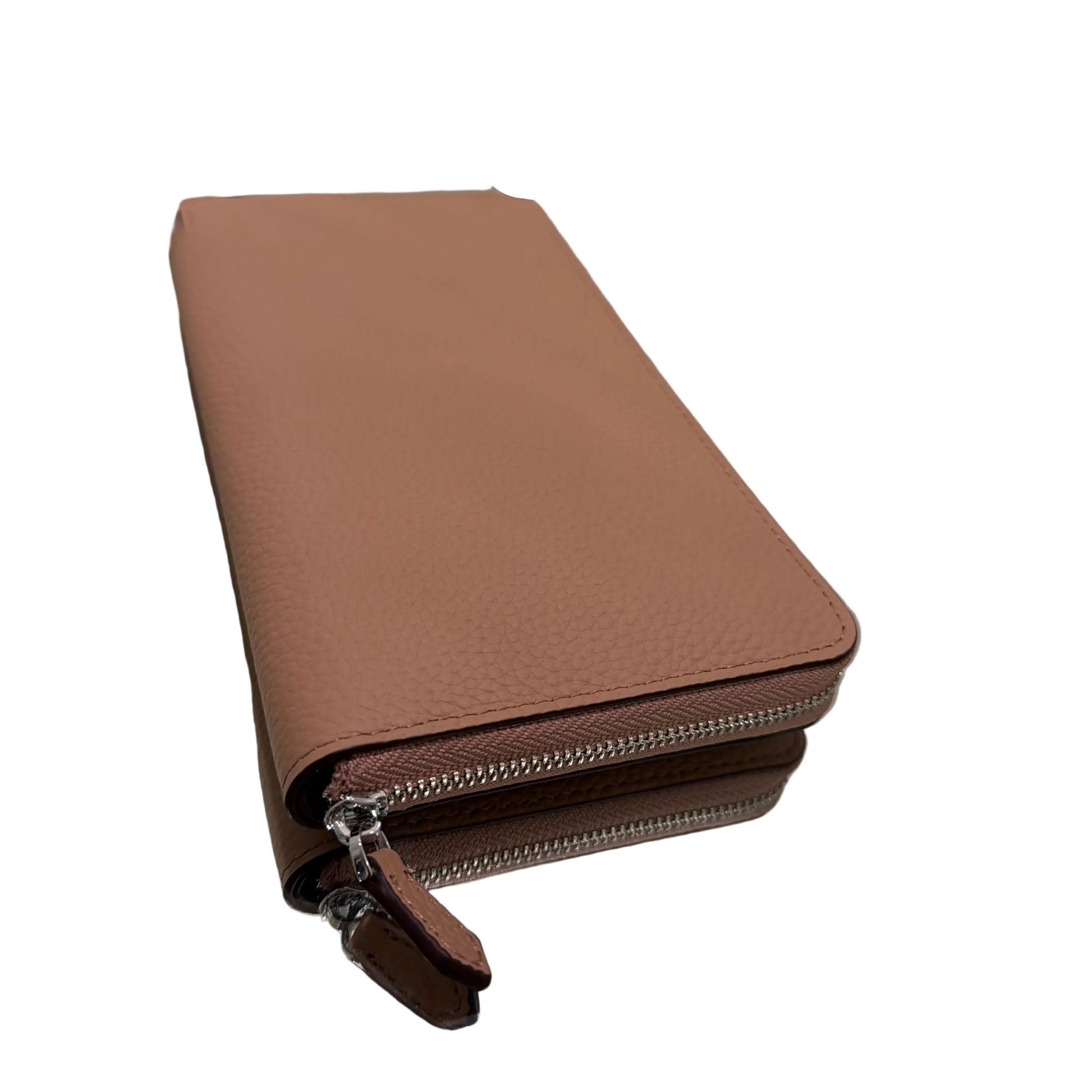 Brown wallet on a white surface with a gold frame