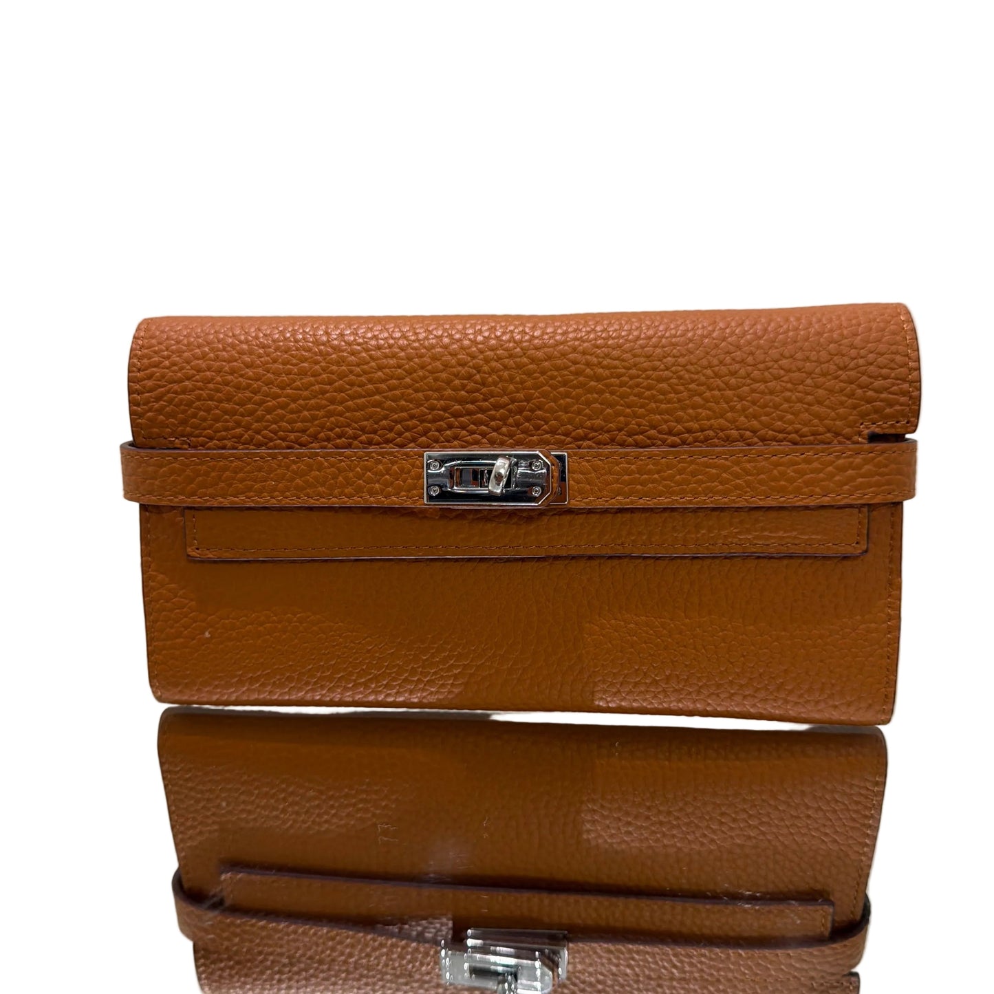 Brown textured wallet with a strap on a light gray background