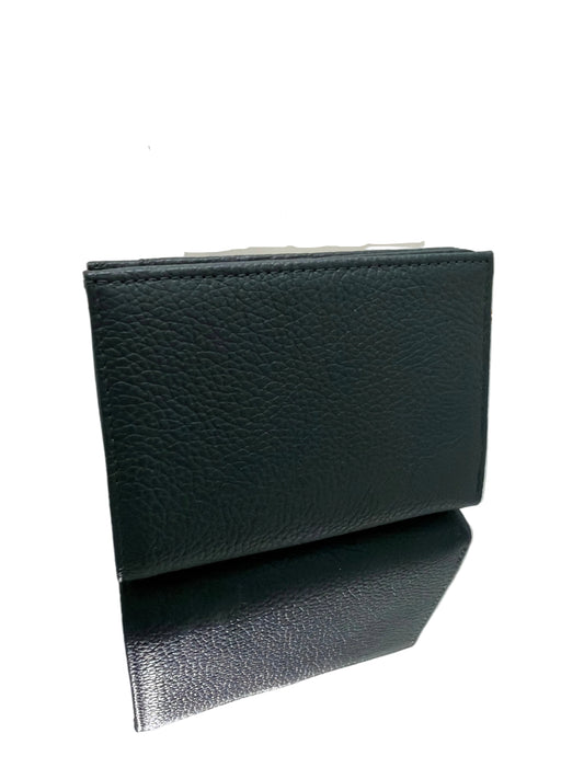 Two black leather wallets on a clear stand against a light gray background