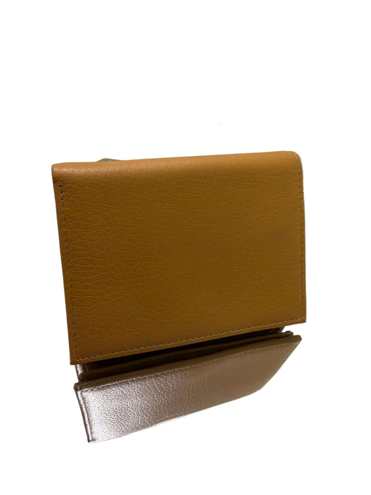 Brown leather wallet on a white surface