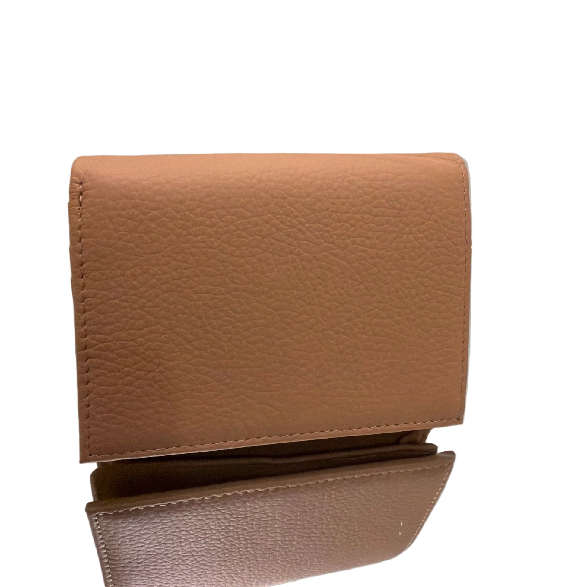 Brown leather wallet on a light gray background