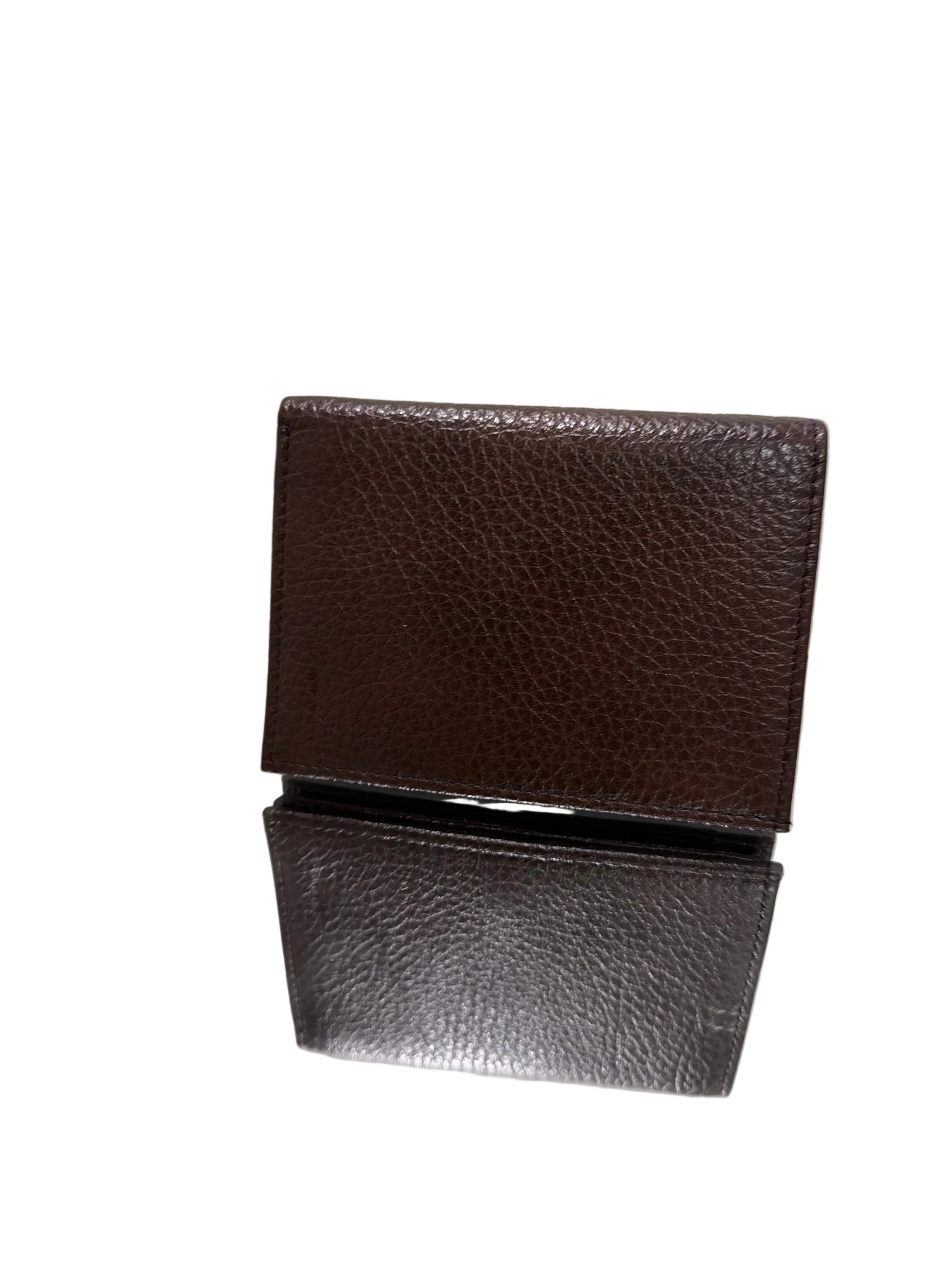 Brown leather wallet on a light gray background