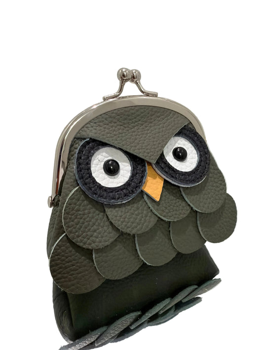Gray owl-shaped pouch with a mirror on a white background