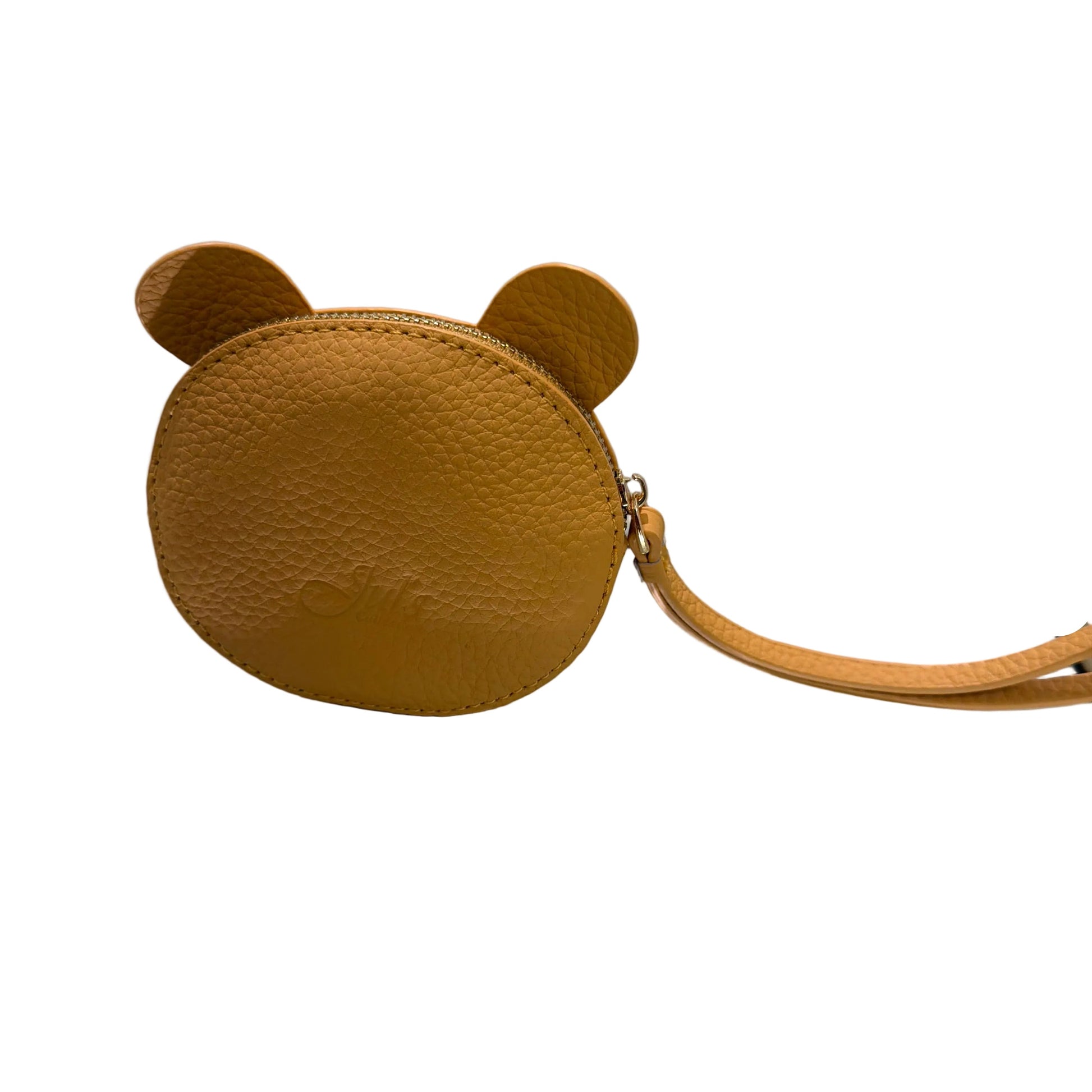 Two brown circular pouches with bear ears on a white background