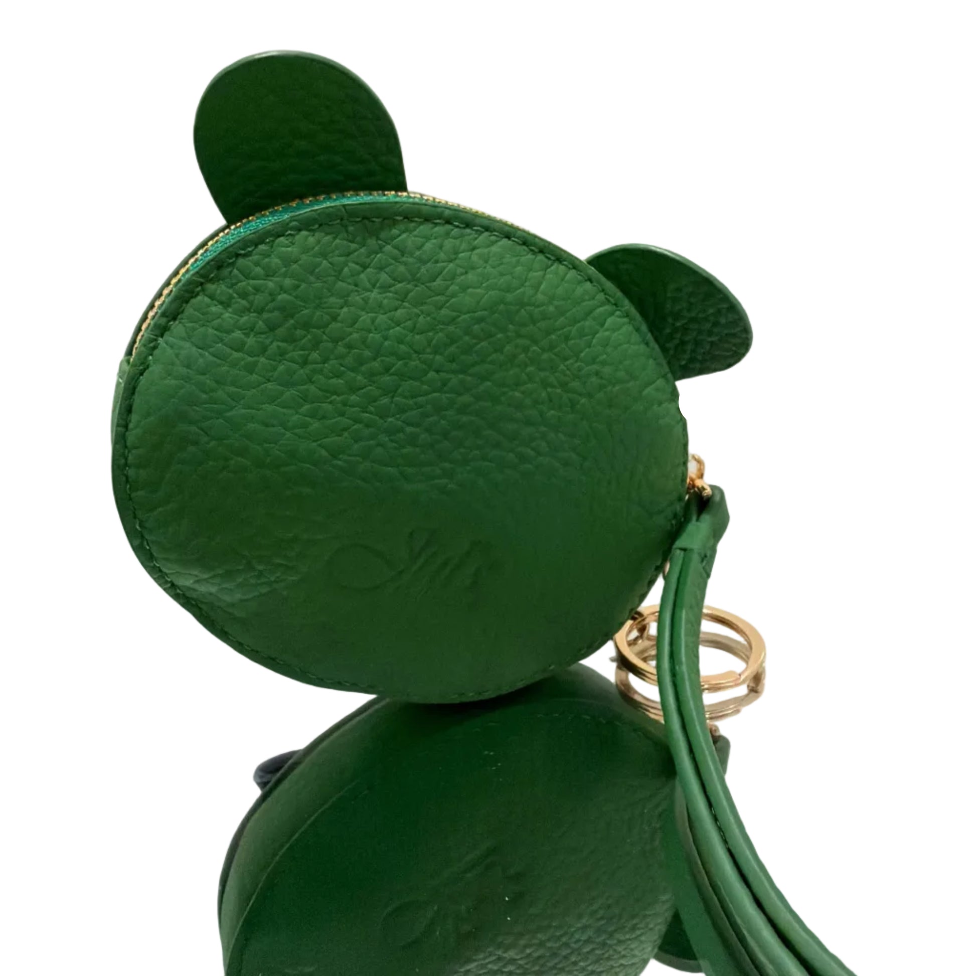 Green round pouch with a strap on a white background