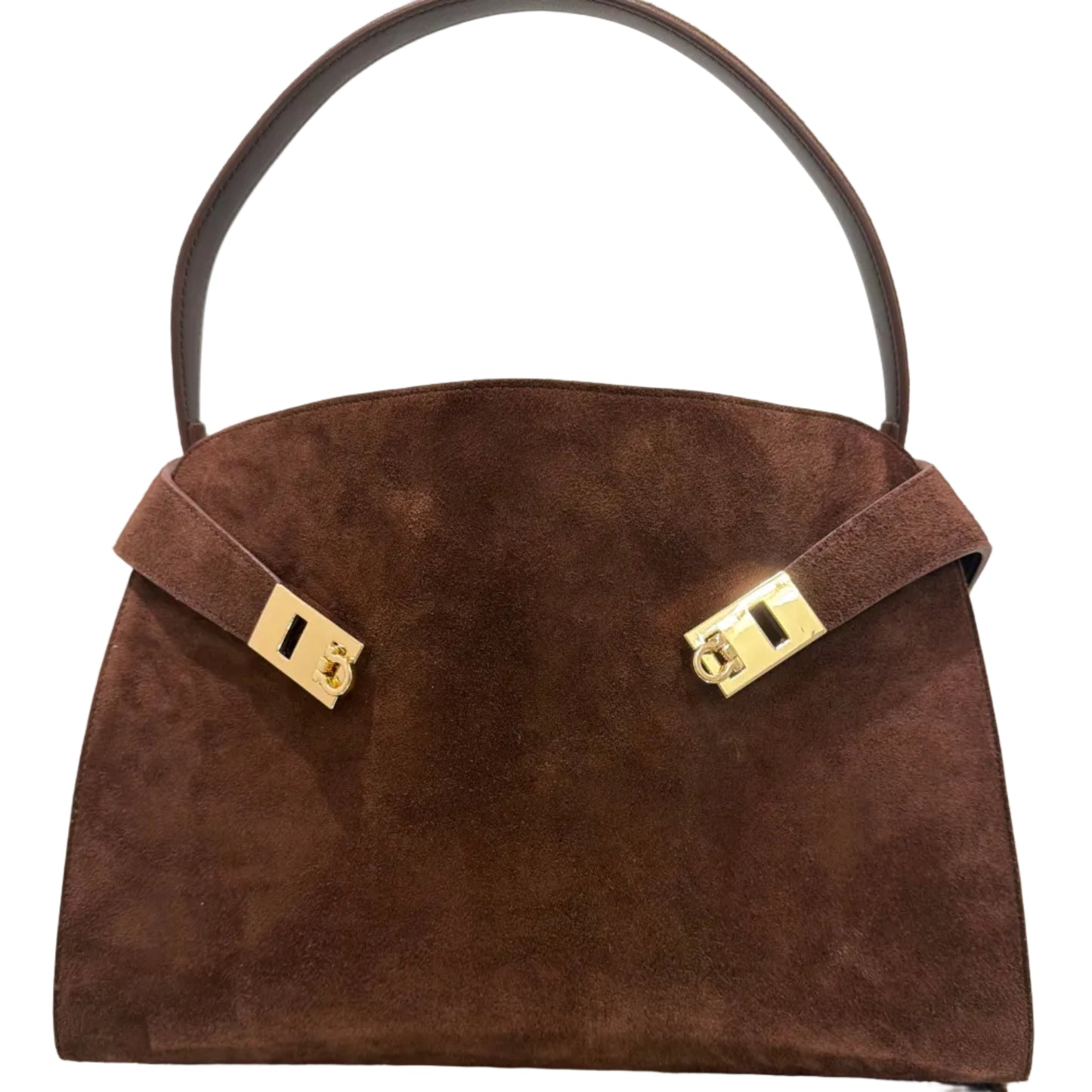 Brown suede handbag with gold hardware on a white background