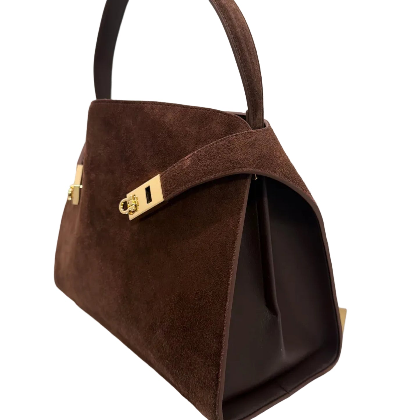 Brown handbag with gold clasp on a white background