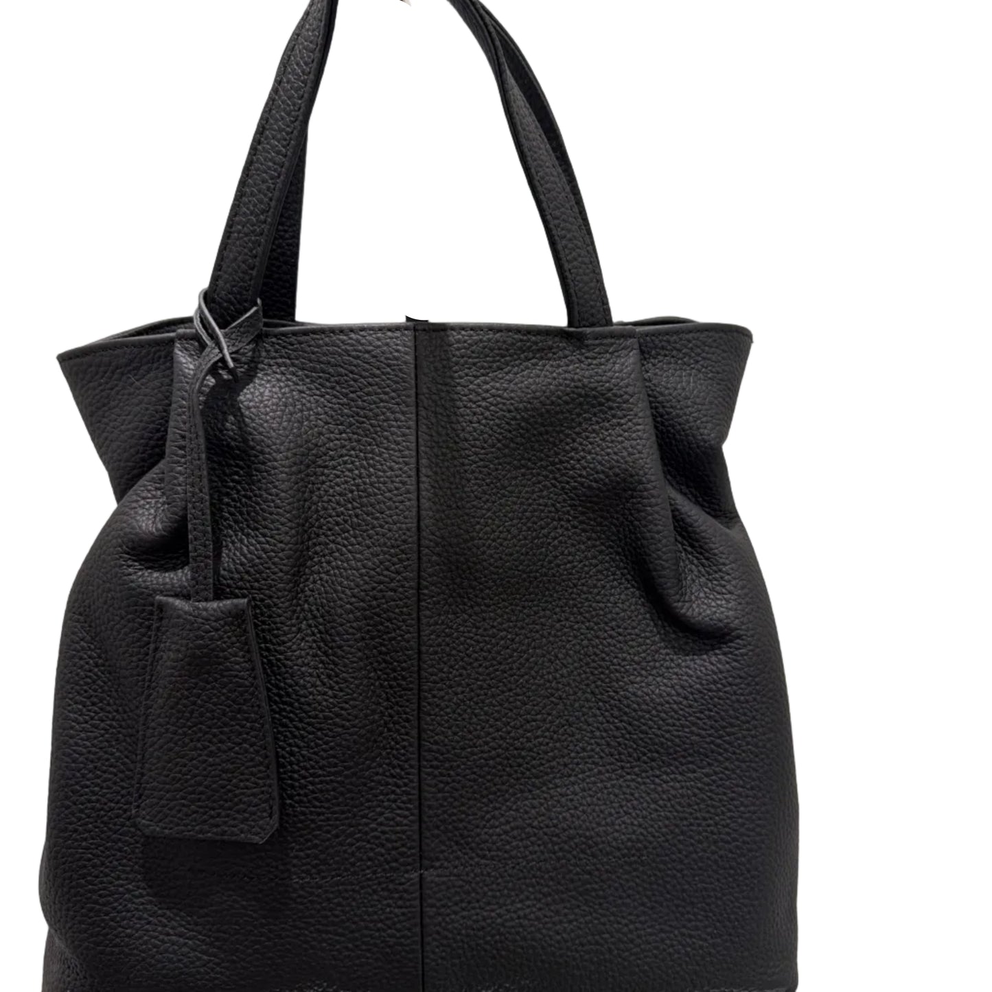 Black leather backpack with a bow detail on a light background