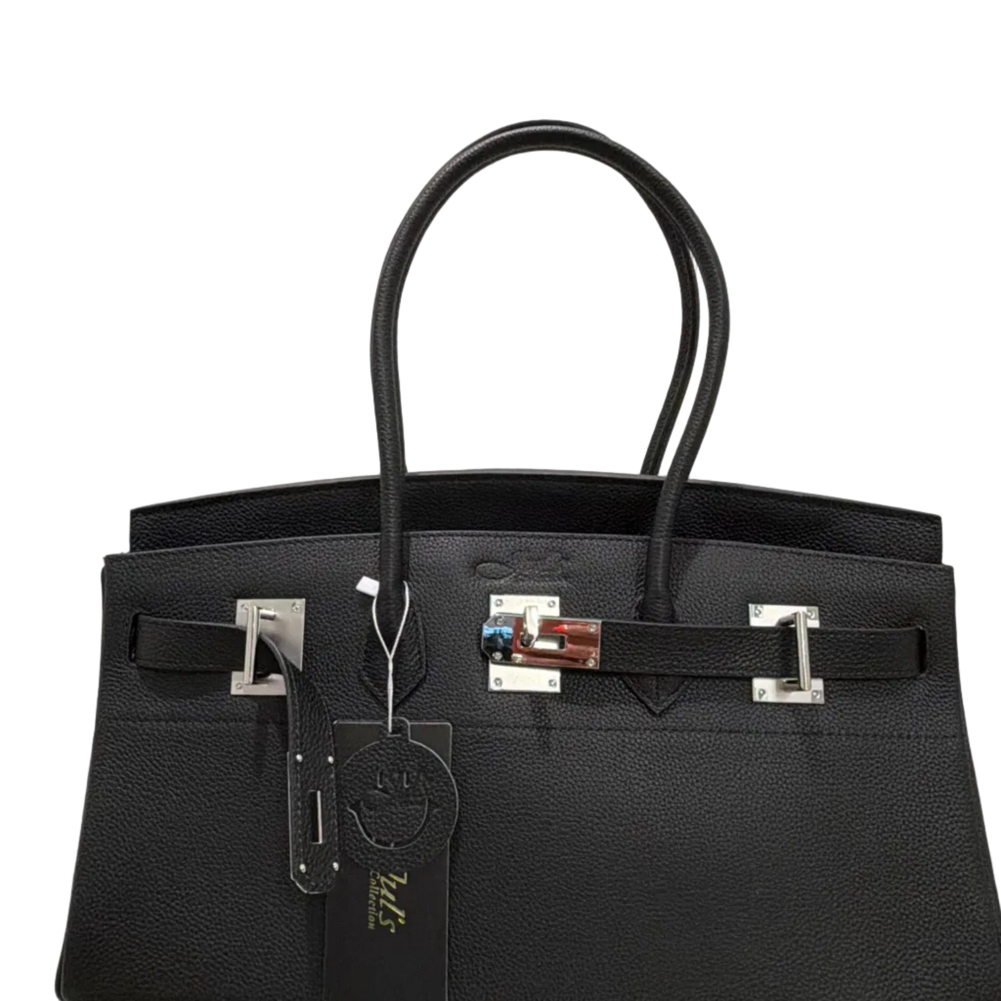 Black handbag with silver hardware on a white background