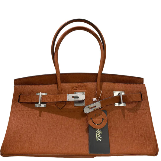 Brown handbag with visible brand logo on a light background