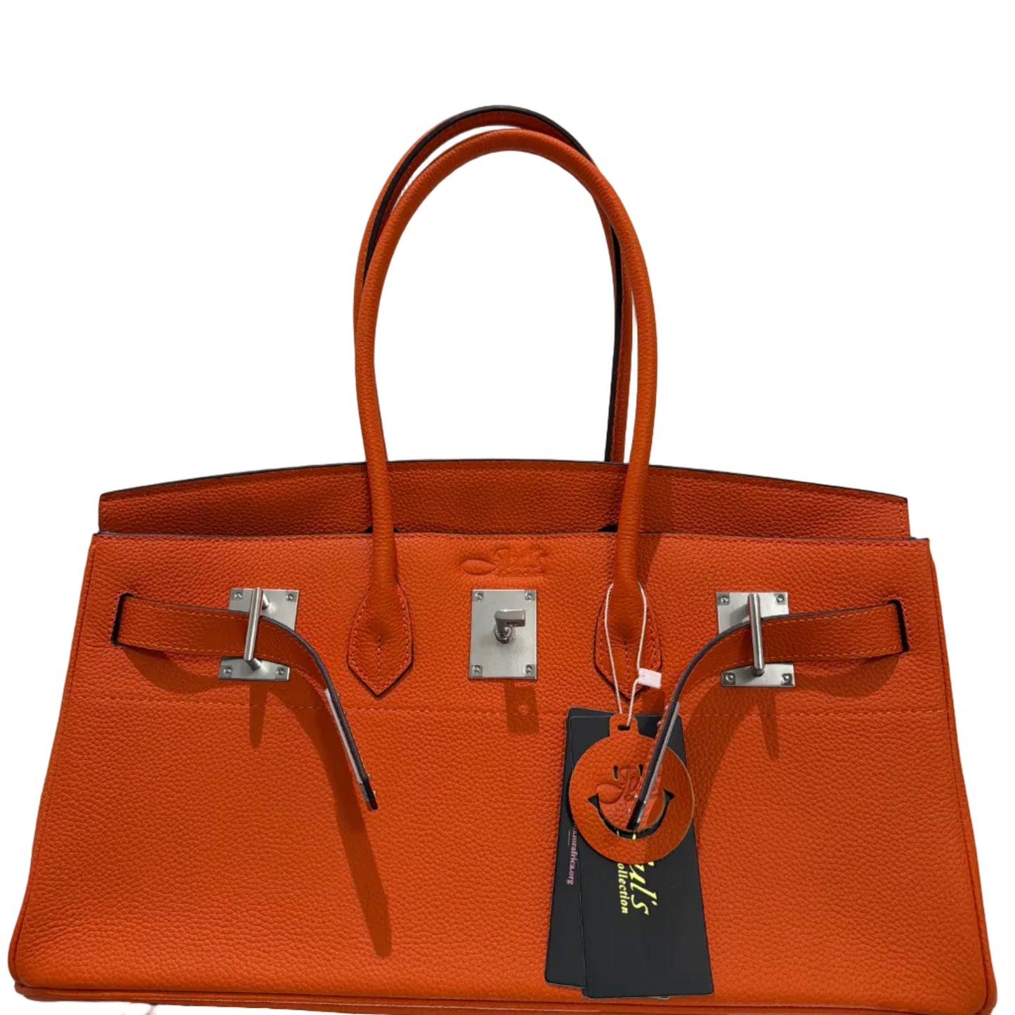 Orange handbag with silver hardware on a white background