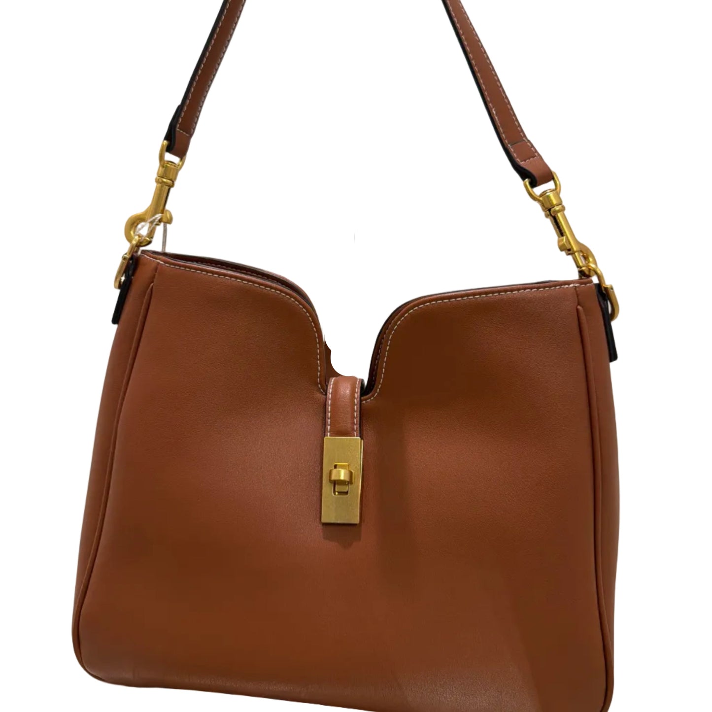 Brown leather handbag with gold hardware on a white background