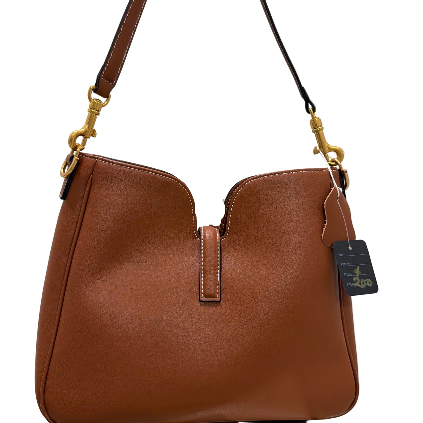 Brown leather handbag with gold hardware on a white background
