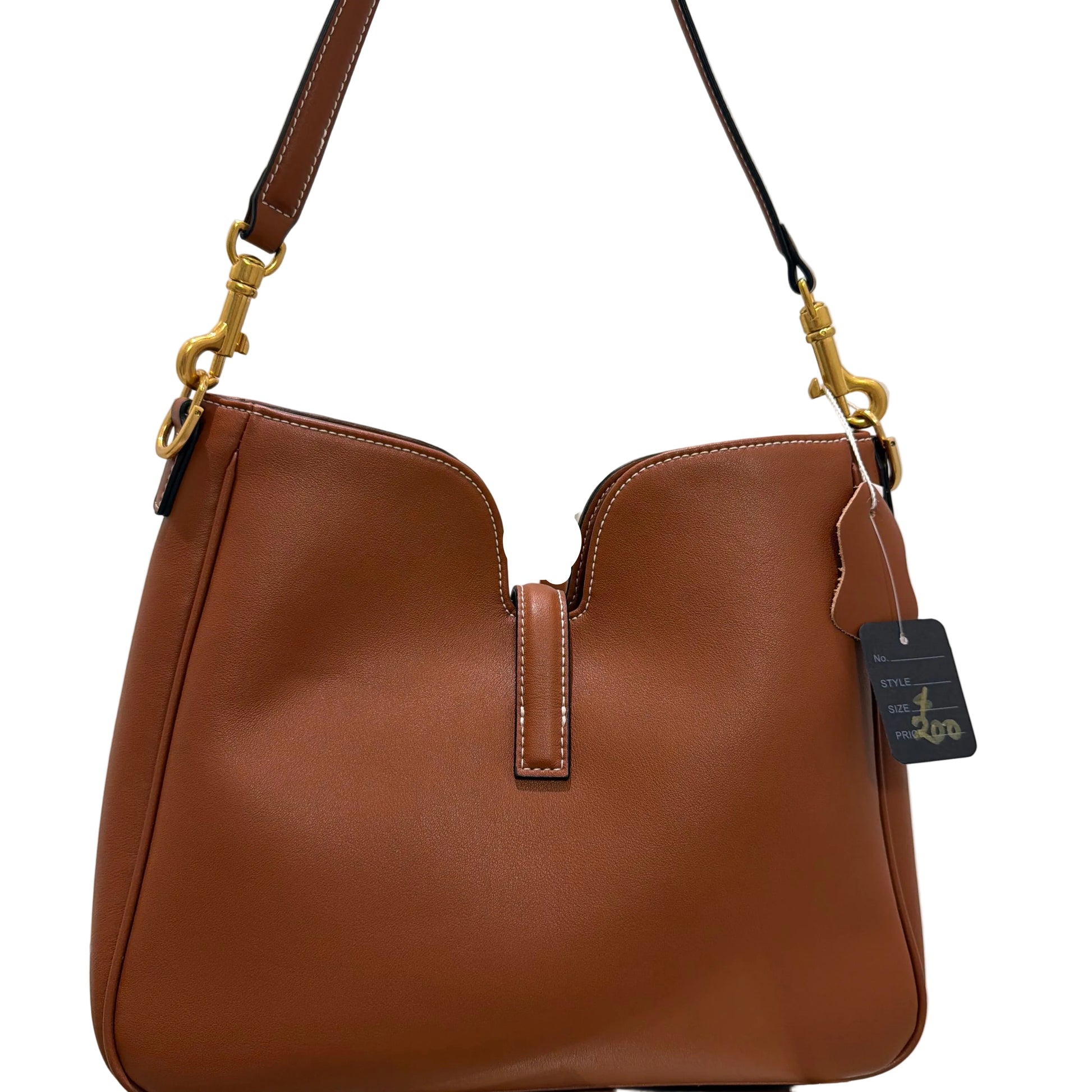 Brown leather handbag with gold hardware on a white background