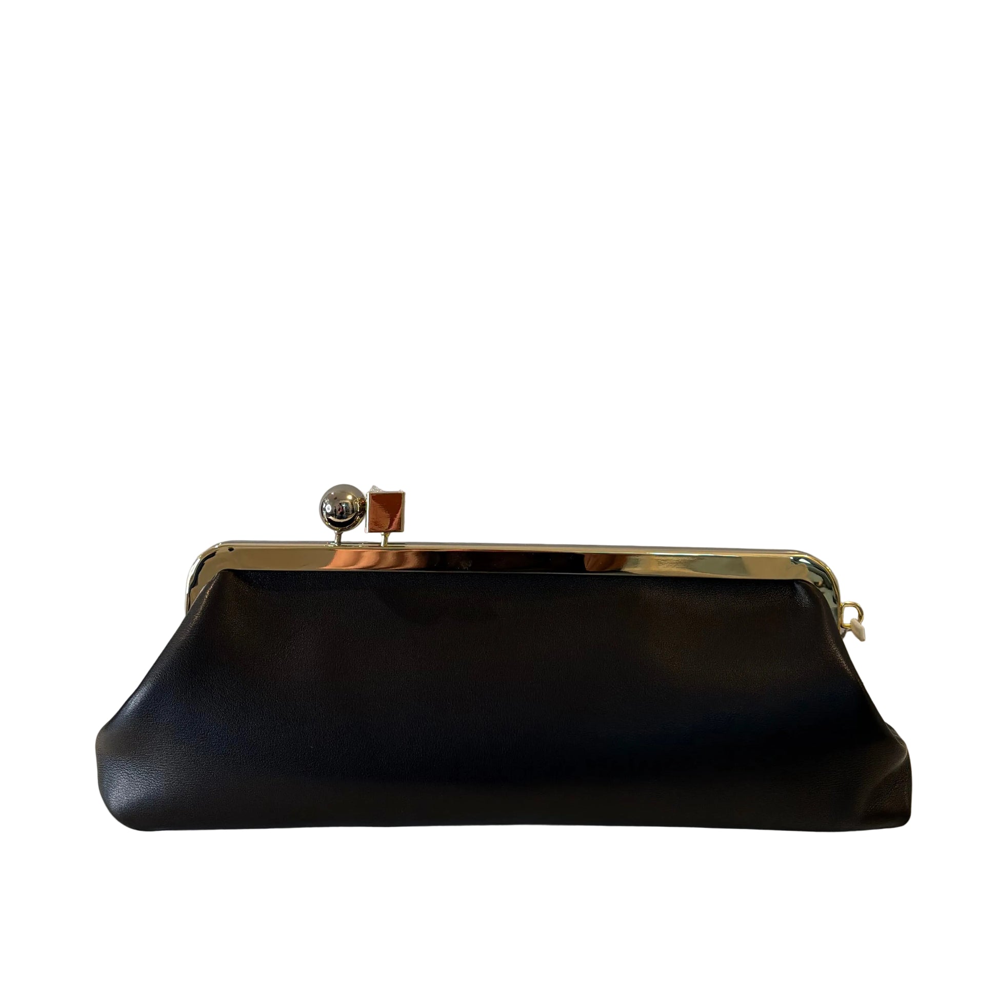 Black clutch bag with gold accents on a light gray background