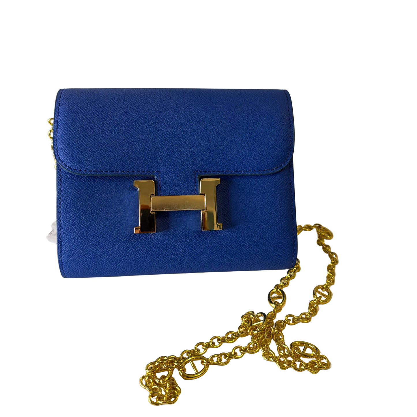 Blue handbag with gold chain on a white background