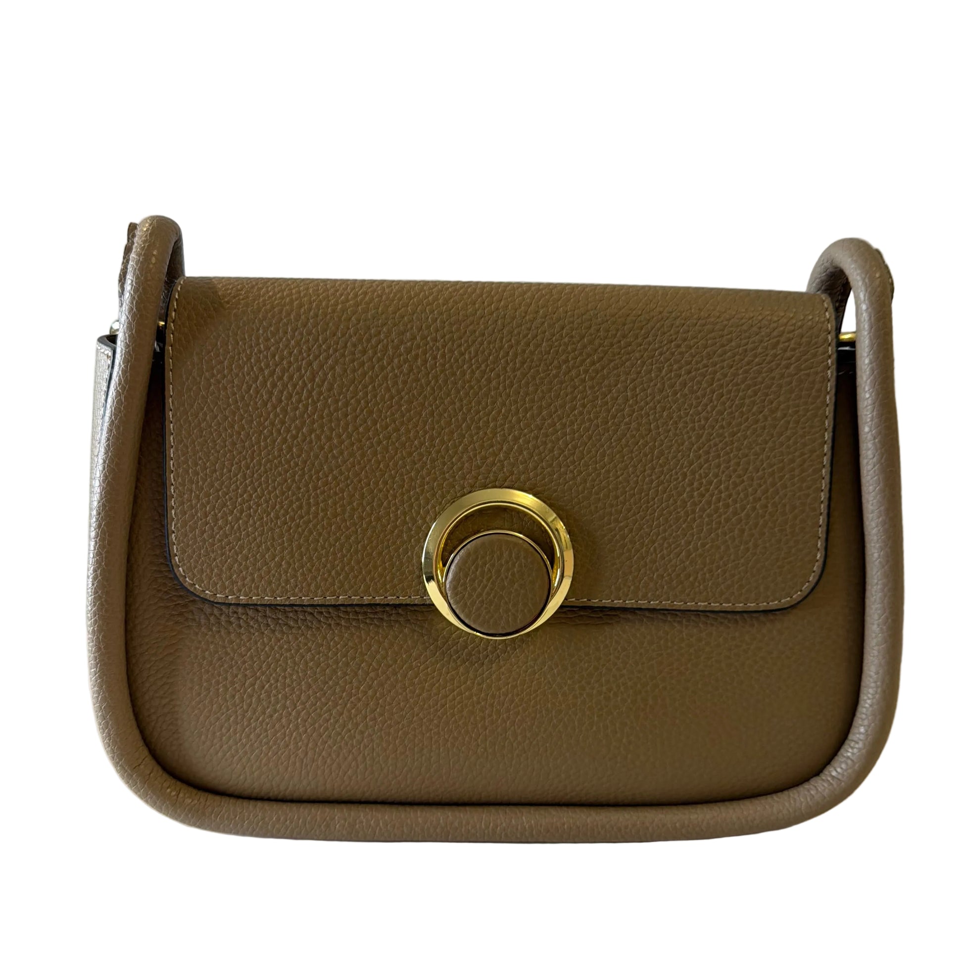 Brown leather wallet with gold clasp on a white background