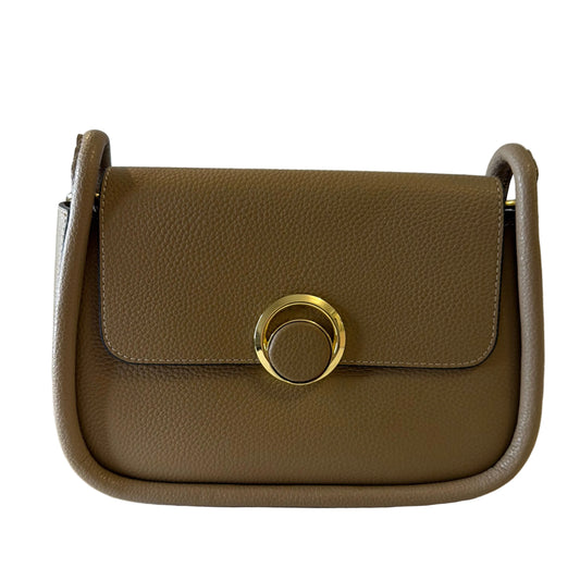 Brown leather wallet with gold clasp on a white background