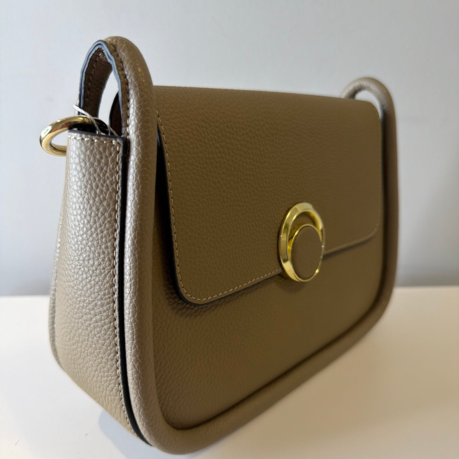 Brown leather handbag with gold clasp on a white background